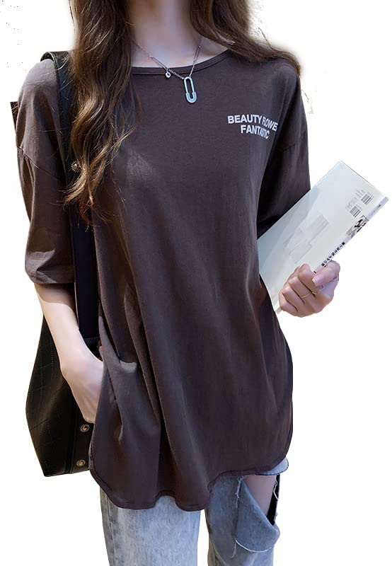 【送料無料】[INNIFER] 無地 Tシャツ レディース 半袖 ゆったり 大きいサイズ 黒 白 英字 バッグプリント クルーネック ロング丈 スリット カットソー 夏 秋 シンプル おしゃれ 色：グレー、サイズ：L Regular