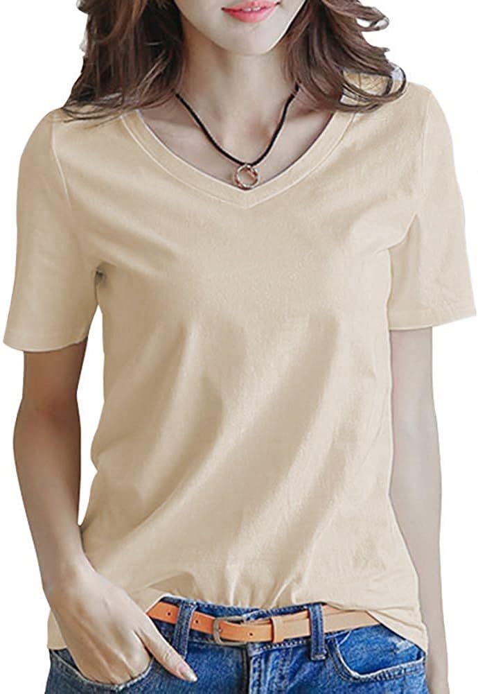 【送料無料】[INNIFER] 無地 Tシャツ レディース 白 黒 Vネック 半袖 綿 カットソー トップス シンプル おしゃれ きれいめ S-3XL 色：ベージュ、サイズ：L