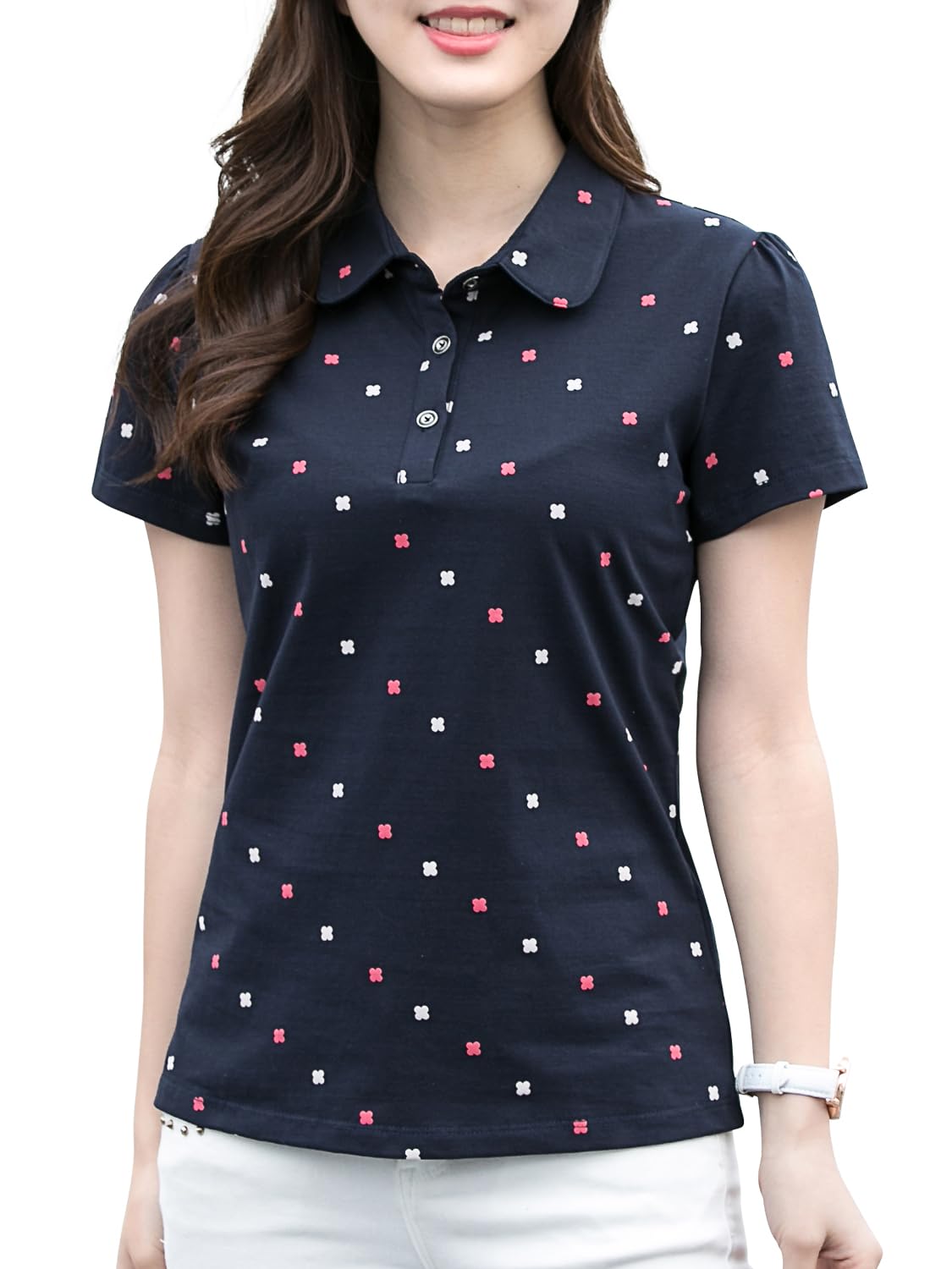 【送料無料】[Ininuk] レディース ポロシャツ 短袖 Tシャツ ゴルフウェア スポーツウェア 作業服 鹿の子 UVカット 吸汗 速乾 通気 ストレッチ 事務服 オフィス制服 無地 通勤 スポーツ トレーニング 色：ネイビー、サイズ：3XL