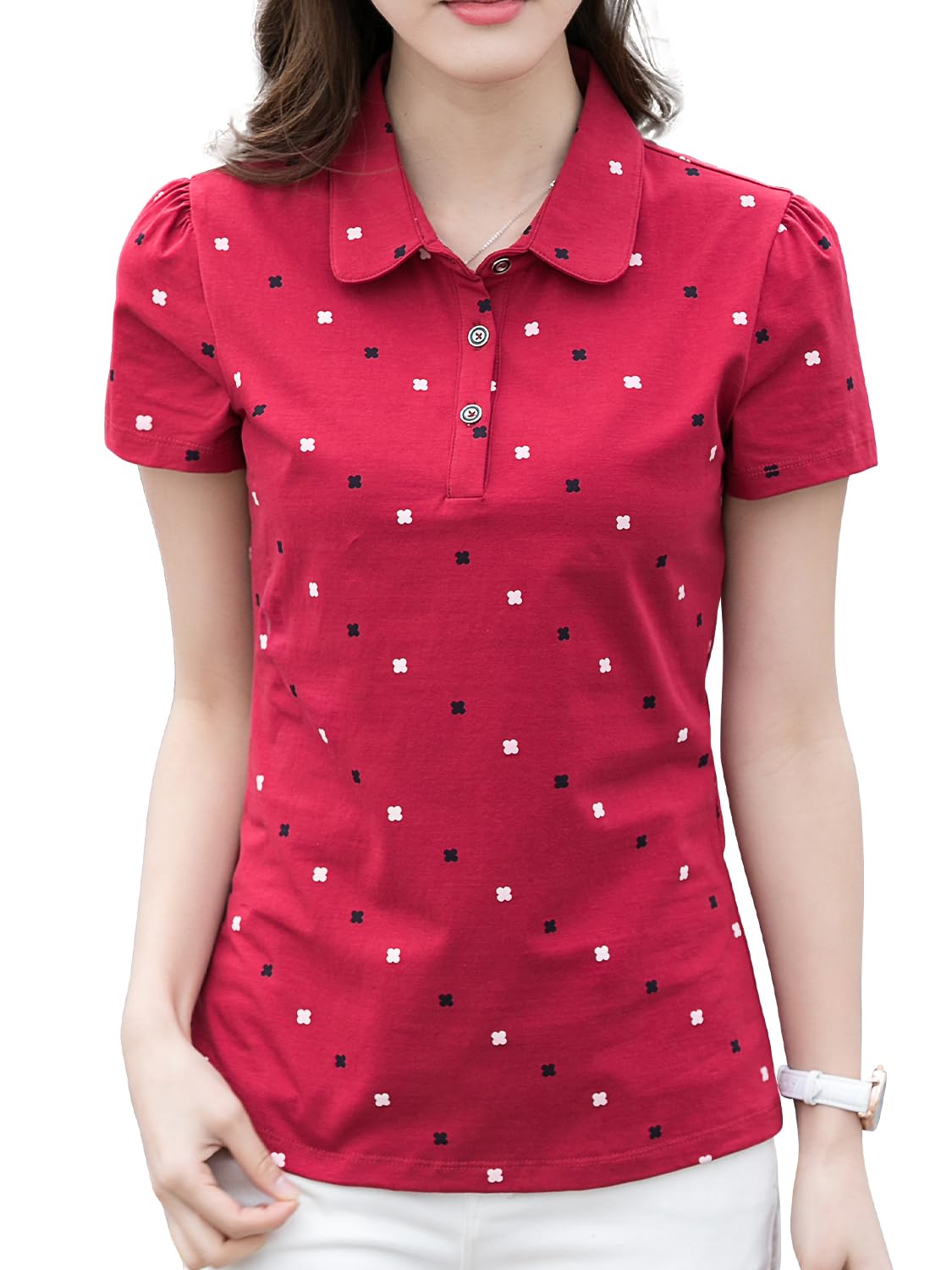 【送料無料】[Ininuk] レディース ポロシャツ 短袖 Tシャツ ゴルフウェア スポーツウェア 作業服 鹿の子 UVカット 吸汗 速乾 通気 ストレッチ 事務服 オフィス制服 無地 通勤 スポーツ トレーニング 色：レッド、サイズ：XL