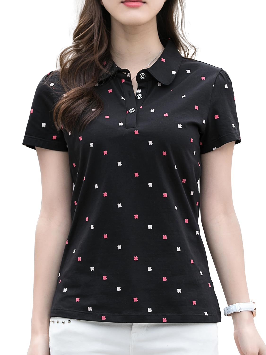 【送料無料】[Ininuk] レディース ポロシャツ 短袖 Tシャツ ゴルフウェア スポーツウェア 作業服 鹿の子 UVカット 吸汗 速乾 通気 ストレッチ 事務服 オフィス制服 無地 通勤 スポーツ トレーニング 色：ブラック、サイズ：XL