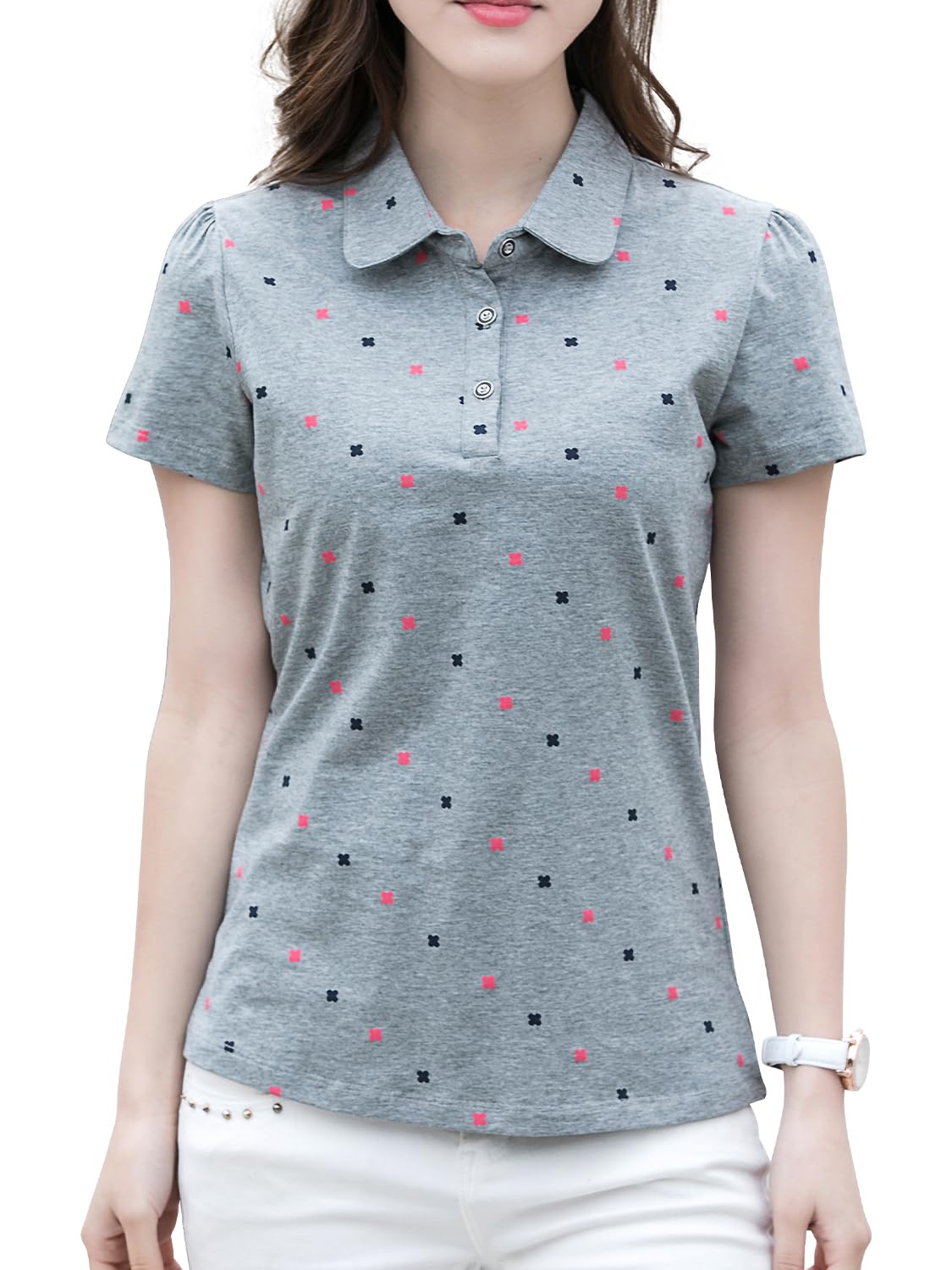 【送料無料】[Ininuk] レディース ポロシャツ 短袖 Tシャツ ゴルフウェア スポーツウェア 作業服 鹿の子 UVカット 吸汗 速乾 通気 ストレッチ 事務服 オフィス制服 無地 通勤 スポーツ トレーニング 色：グレー、サイズ：4XL