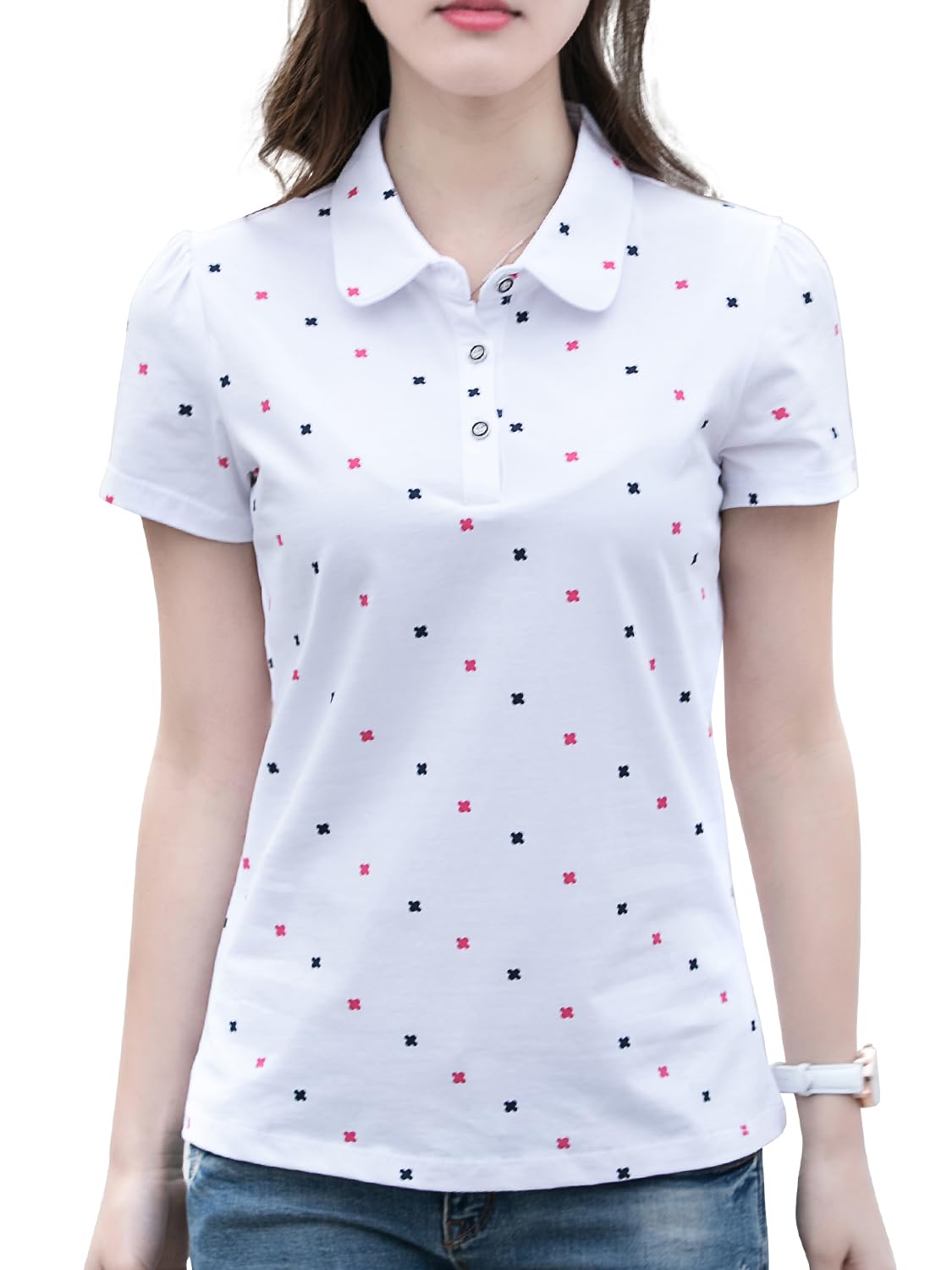 【送料無料】[Ininuk] レディース ポロシャツ 短袖 Tシャツ ゴルフウェア スポーツウェア 作業服 鹿の子 UVカット 吸汗 速乾 通気 ストレッチ 事務服 オフィス制服 無地 通勤 スポーツ トレーニング 色：ホワイト、サイズ：M