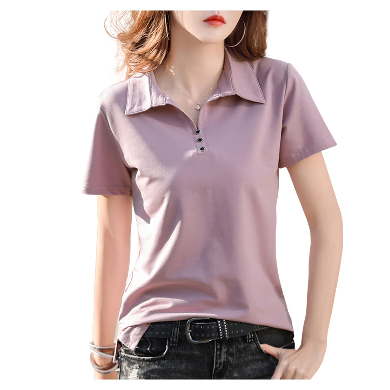 【送料無料】[Ininuk] レディース ポロシャツ 半袖 ゴルフ シャツ レディース ユニフォーム 可愛い お尻が隠れる裾 透けにくい半袖 吸汗速乾 UV加工 カジュアル トップス おしゃれ 春夏秋 色：ピンク、サイズ：S