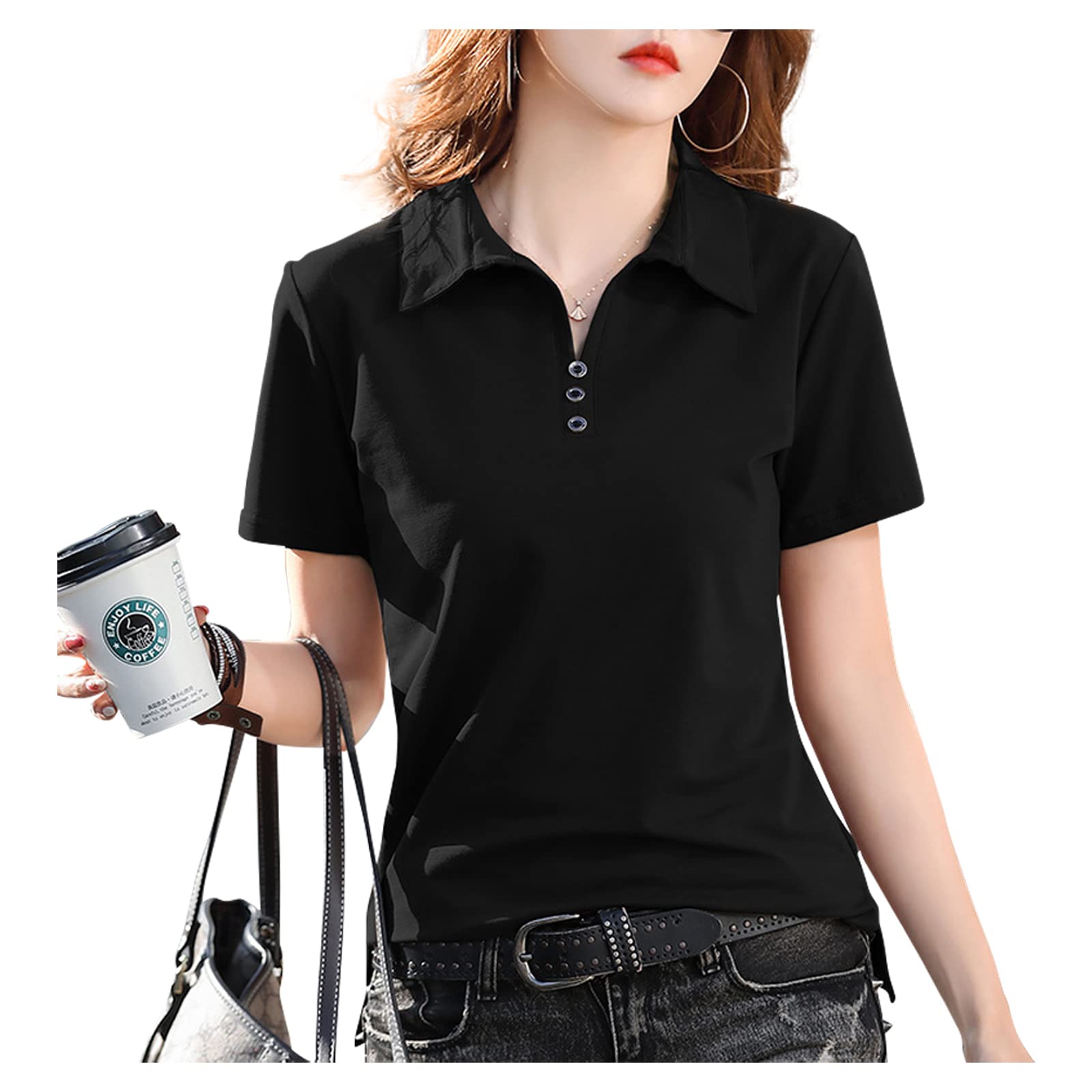 【送料無料】[Ininuk] レディース ポロシャツ 半袖 ゴルフ シャツ レディース ユニフォーム 可愛い お尻が隠れる裾 透けにくい半袖 吸汗速乾 UV加工 カジュアル トップス おしゃれ 春夏秋 色：ブラック、サイズ：S