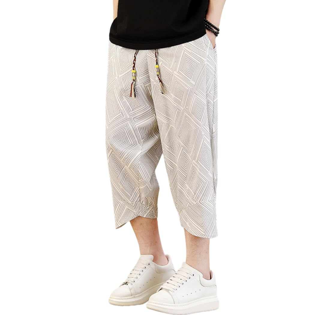 【送料無料】[Inkpoo] メンズ 夏用 ズボン 7分丈 サルエルパンツ テーパードパンツ ワイドパンツ 大きいサイズ ゆったり イージー ぱんつ 涼しい 袴パンツ ボトムス カジュアル オールシーズン対応 色：#075-カーキ、サイズ：L(4)