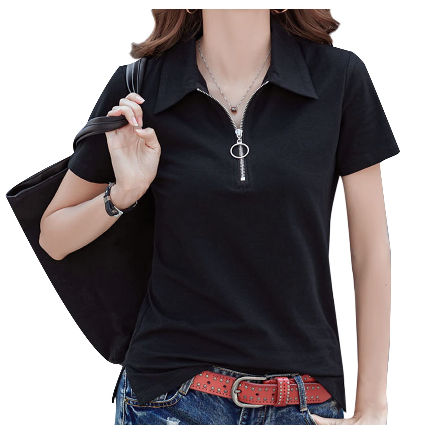 【送料無料】[Ininuk] ポロシャツ レディース UV加工 着痩せ ゆったり シンプル ゴルフウェア トップス カジュアル 無地 普段着 通勤 フォーマル 20代30代40代 春 秋 色：ブラック、サイズ：M