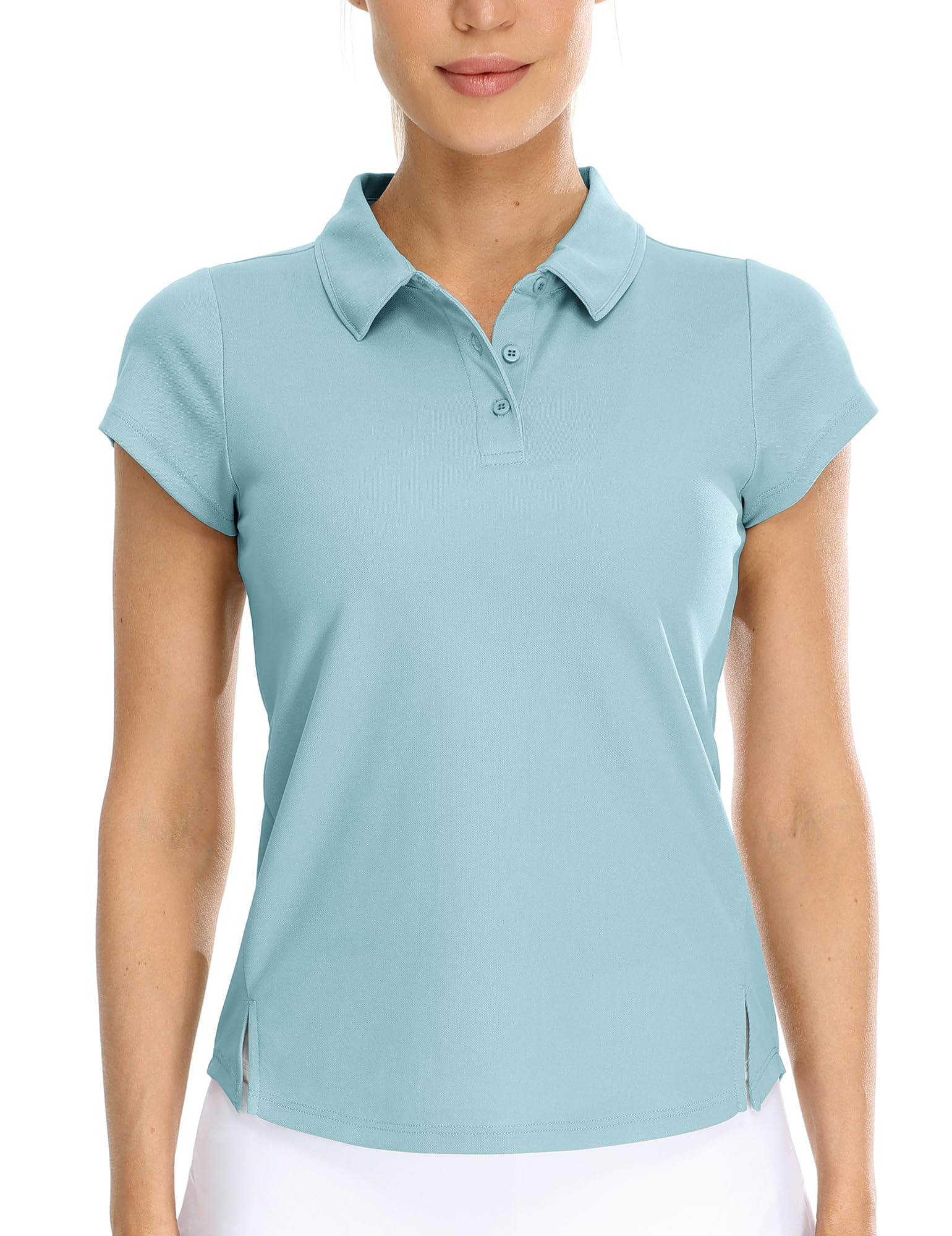 【送料無料】[icyzone]レディースポロシャツスポーツ半袖Tシャツゴルフシャツ半袖スタンドカラー純色通気性テニスシャツ 色：水色、サイズ：S Regular