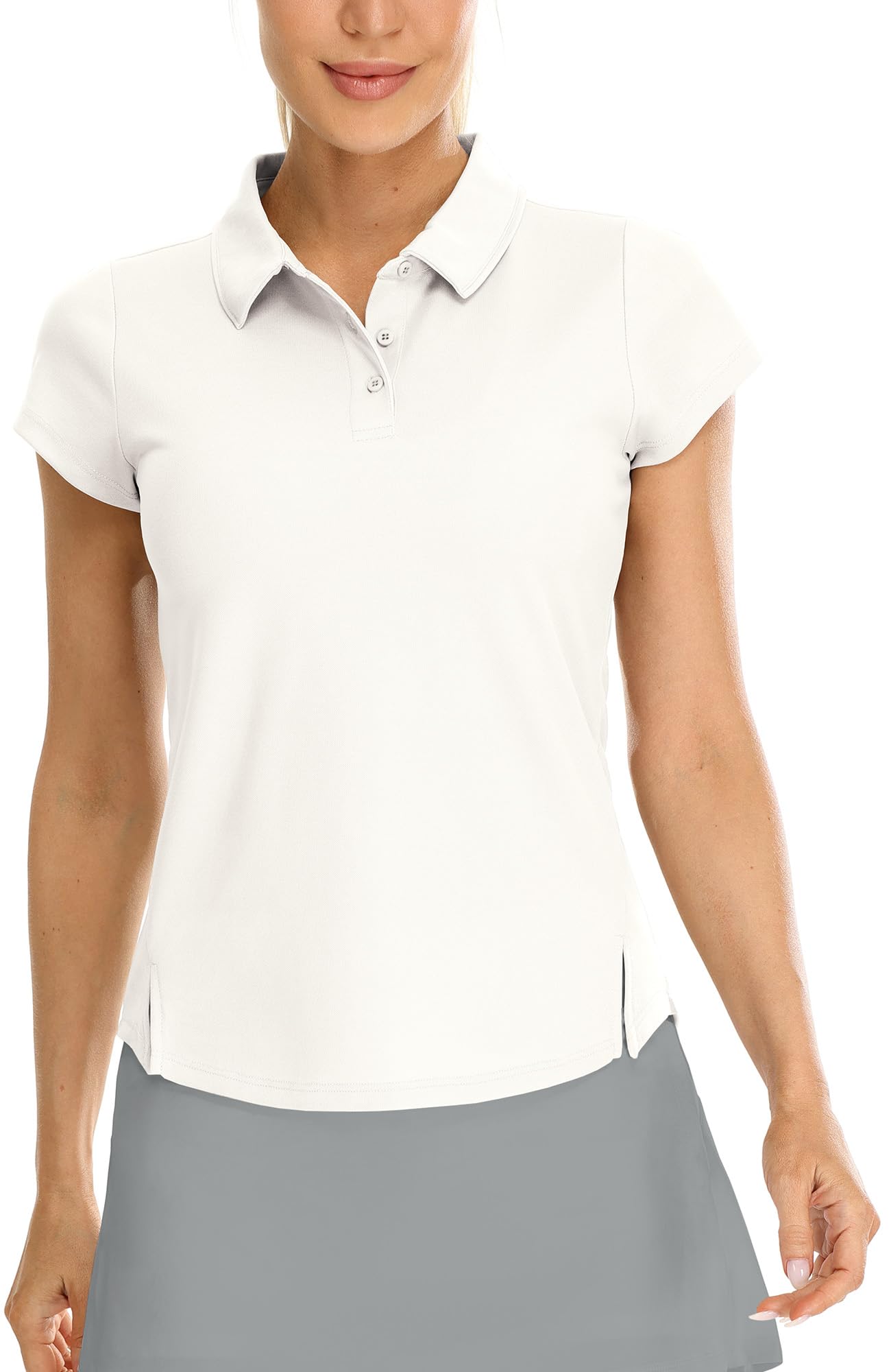 【送料無料】[icyzone]レディースポロシャツスポーツ半袖Tシャツゴルフシャツ半袖スタンドカラー純色通気性テニスシャツ 色：ホワイト、サイズ：M Regular
