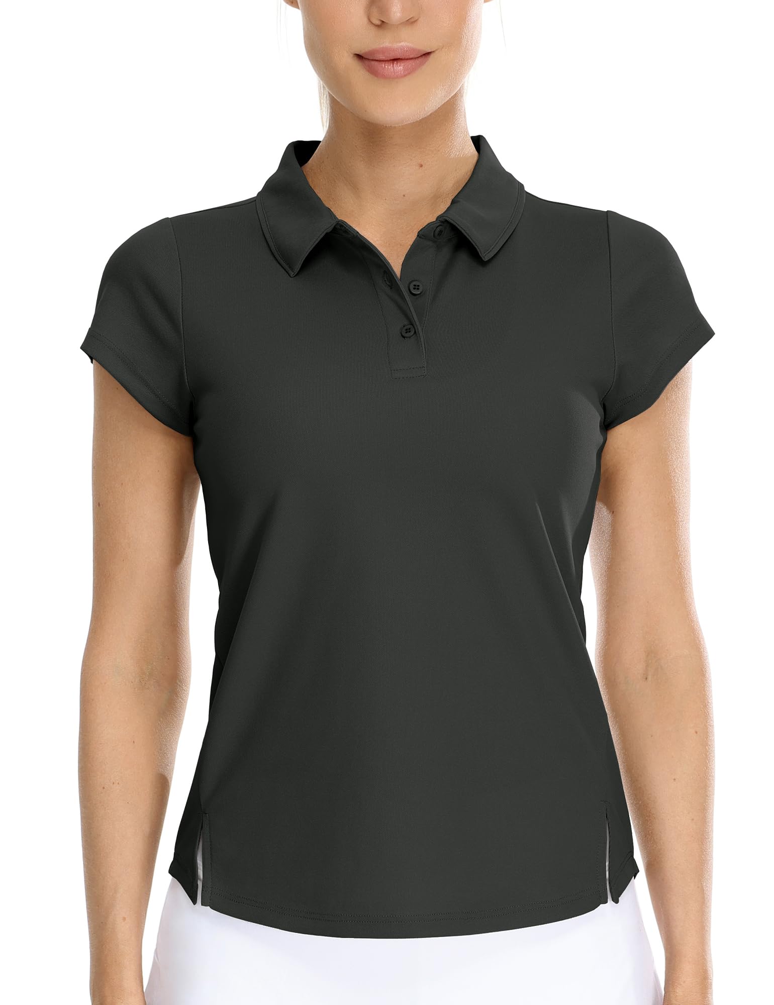 【送料無料】[icyzone]レディースポロシャツスポーツ半袖Tシャツゴルフシャツ半袖スタンドカラー純色通気性テニスシャツ 色：ブラック、サイズ：L Regular