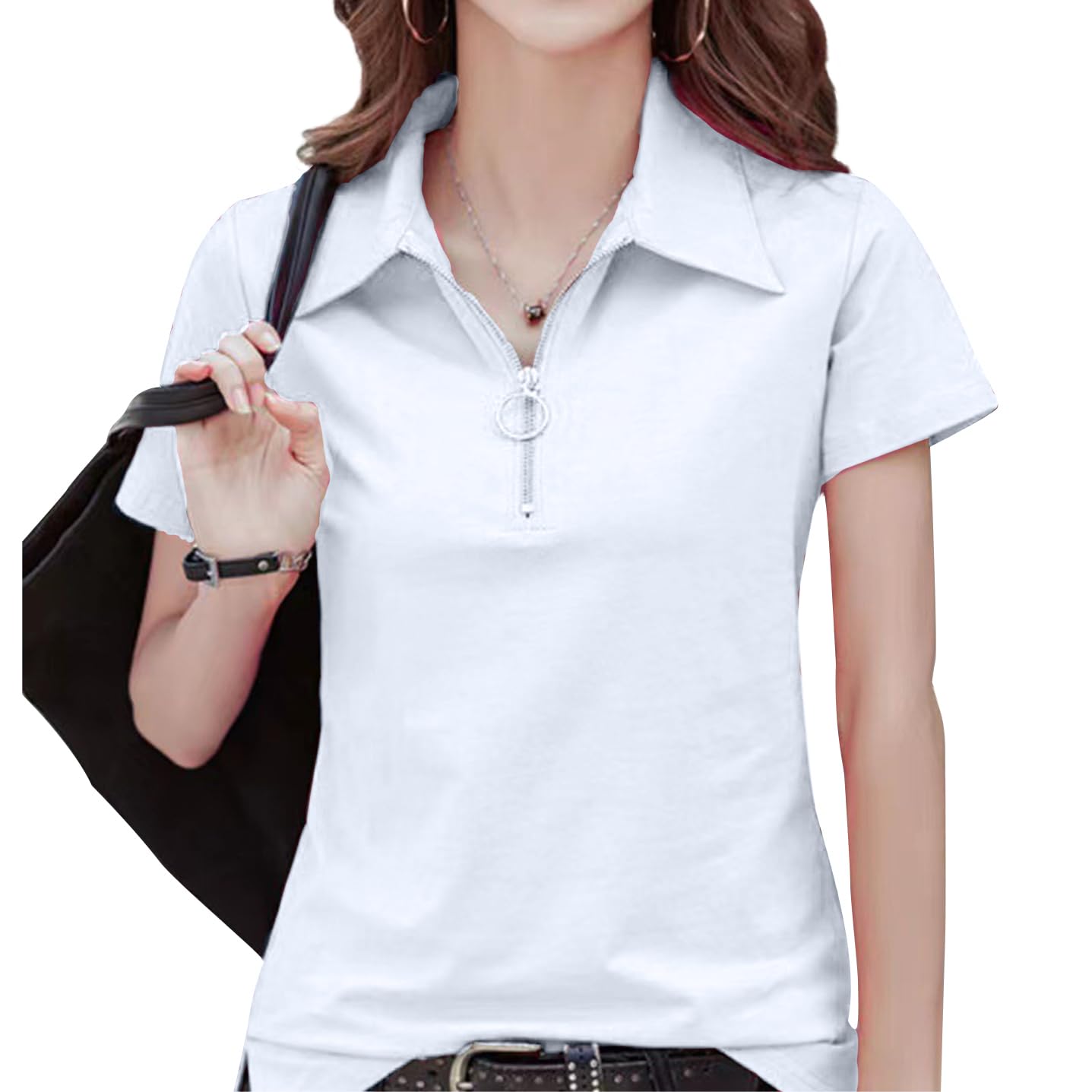 【送料無料】[Ininuk] ポロシャツ レディース UV加工 着痩せ ゆったり シンプル ゴルフウェア トップス カジュアル 無地 普段着 通勤 フォーマル 20代30代40代 春 秋 色：ホワイト、サイズ：XL