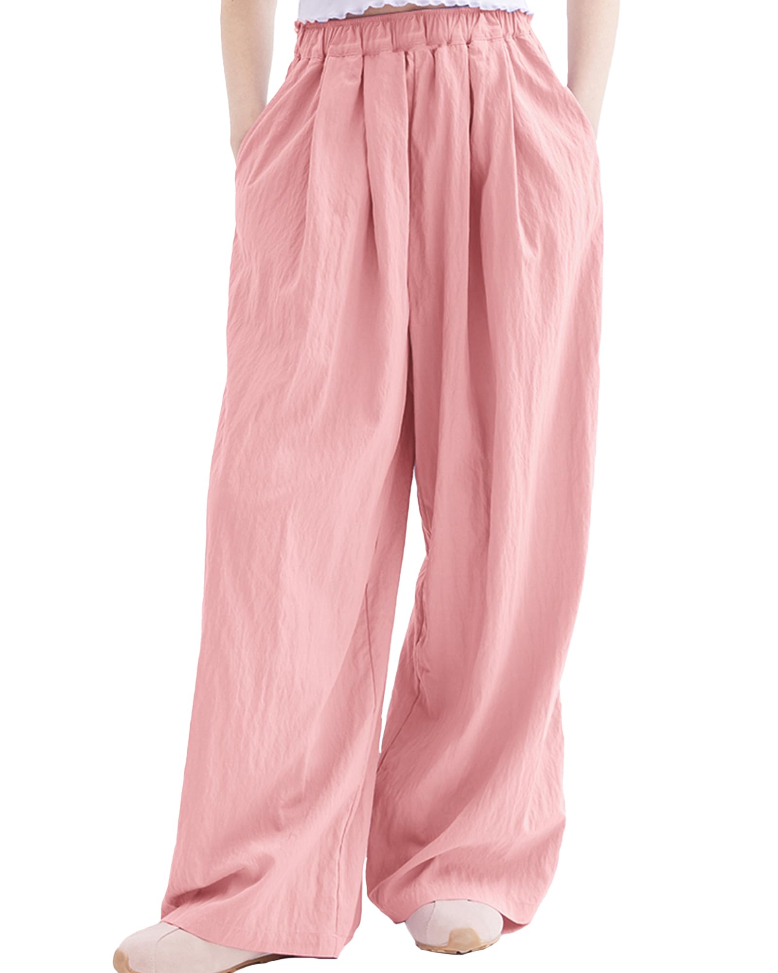 【送料無料】[Rolanko] 女の子 ズボン キッズ ワイドパンツ 涼しい 夏 薄手 ハイウエスト ゆったり 軽量 速乾 130-170cm 色：ピンク、サイズ：150