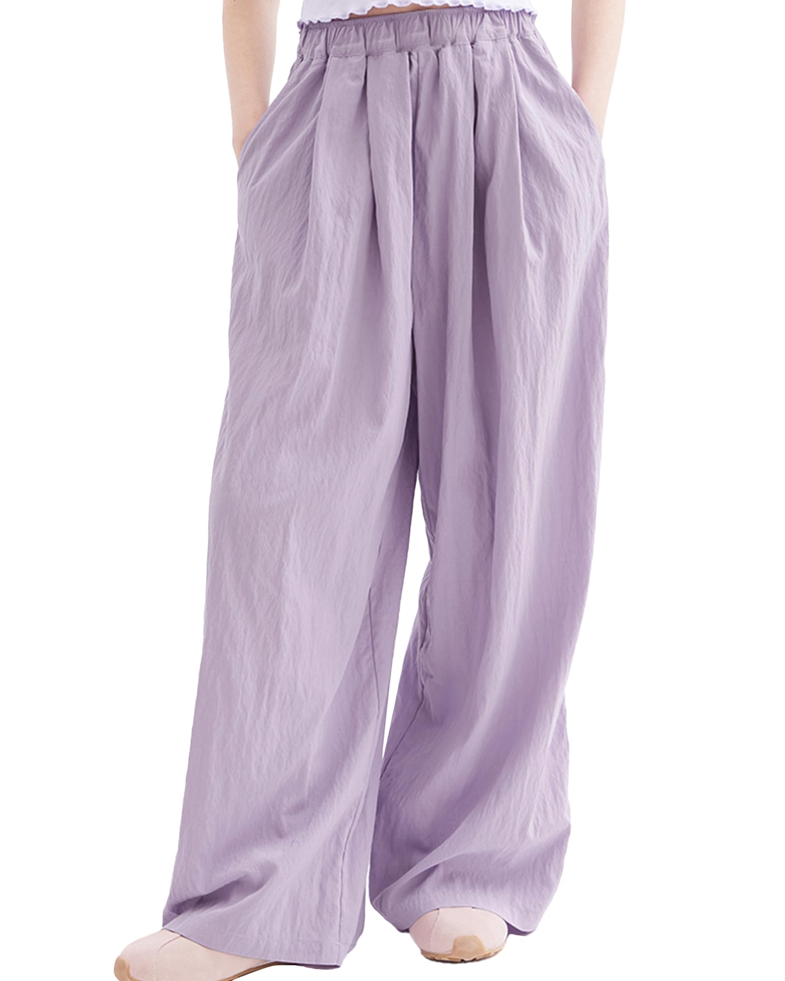 【送料無料】[Rolanko] 女の子 ズボン キッズ ワイドパンツ 涼しい 夏 薄手 ハイウエスト ゆったり 軽量 速乾 130-170cm 色：パープル、サイズ：150