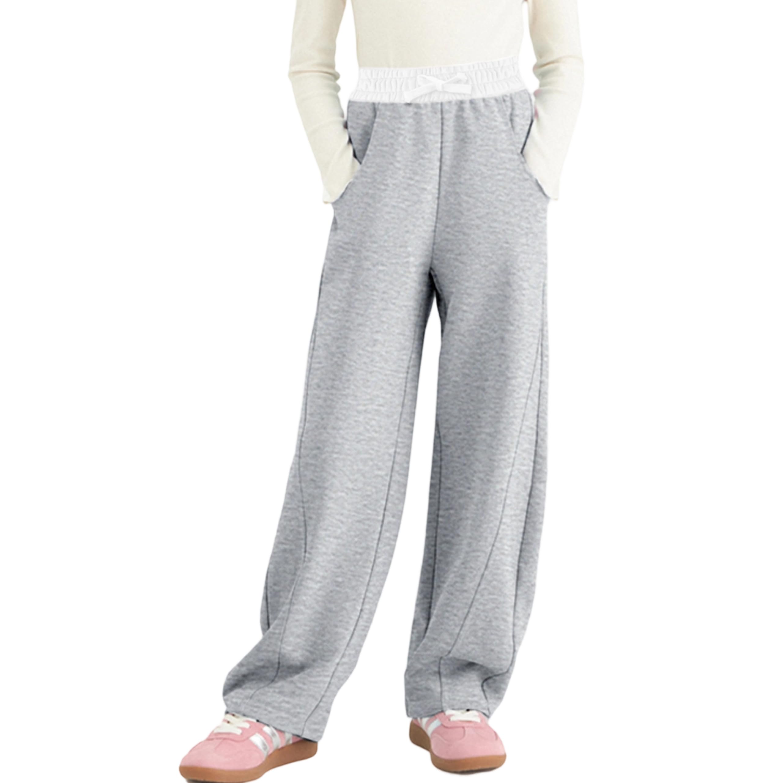 【送料無料】[Rolanko] 子供 ズボン 女の子 スウェット ロングパンツ 長ズボン ストレートパンツ ワイド ストレッチパンツ ハイウエスト ゆったり 無地 130-170cm 色：グレーホワイト、サイズ：140