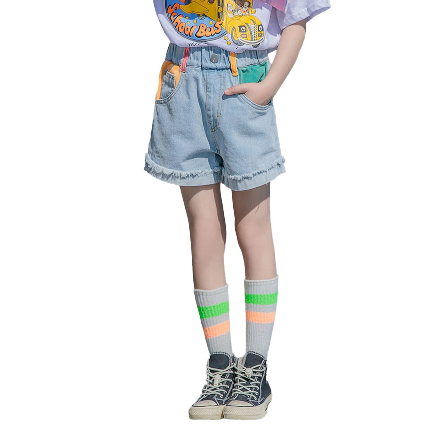 【送料無料】[Rolanko] デニムショートパンツ 女の子 ジーンズ ガールズ 短パン ゴムウエスト カジュアル 通学 通園 普段着 色：ブルー1、サイズ：150