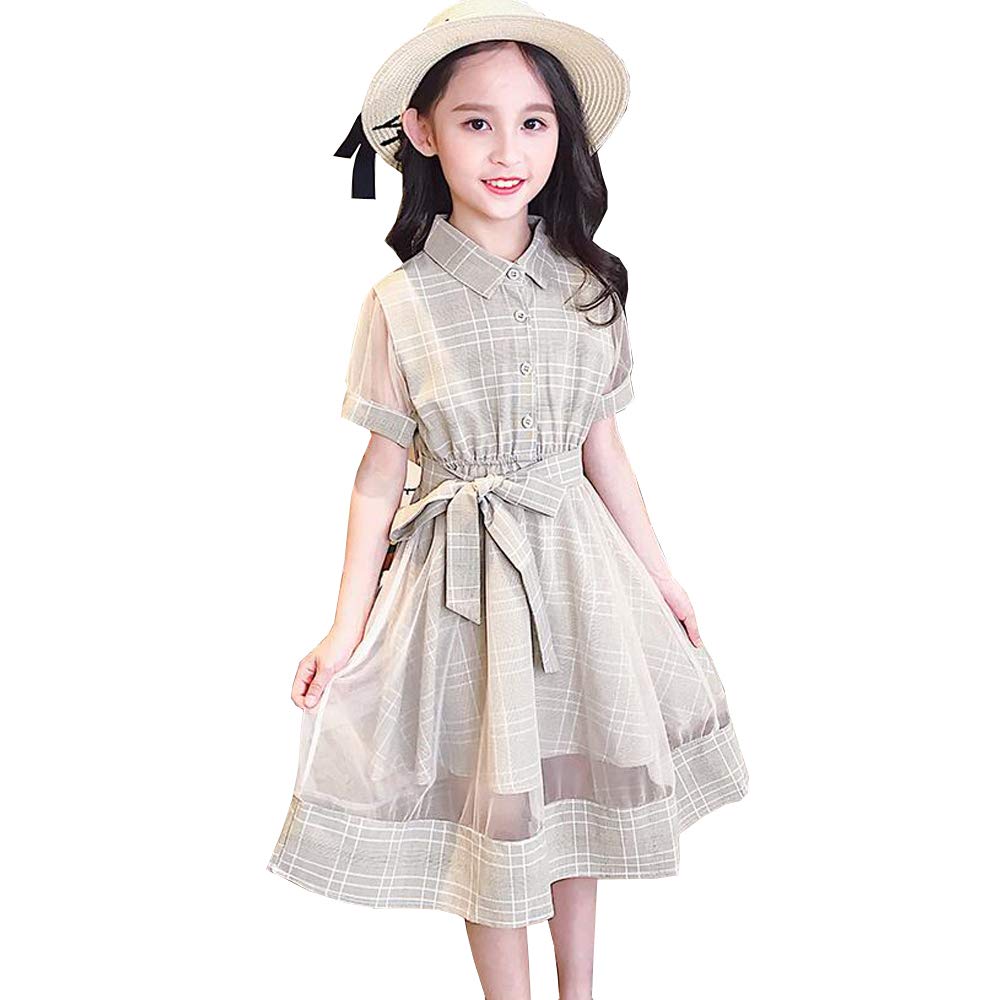 【送料無料】[G-UYO] ガールズワンピース 子供服 半袖 ドレス チュニック カジュアル 普段着 チェック柄 Tシャツ 通園 通学 パーティードレス 発表会 おしゃれ 夏 110-160 色：カーキ、サイズ：170