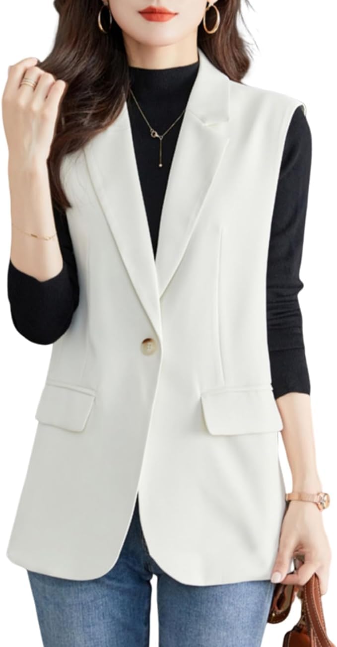 【送料無料】[HuuMeNEIDOO] ベスト レディース ジレ 袖なし トップス ノースリーブ ロングジレ 裏地付き Vネック 無地 テーラードジレベスト 前開き ポケット付き アウター 着痩せ 重ね着 通勤 OL 春 夏 秋 色：ベージュ、サイズ：XL