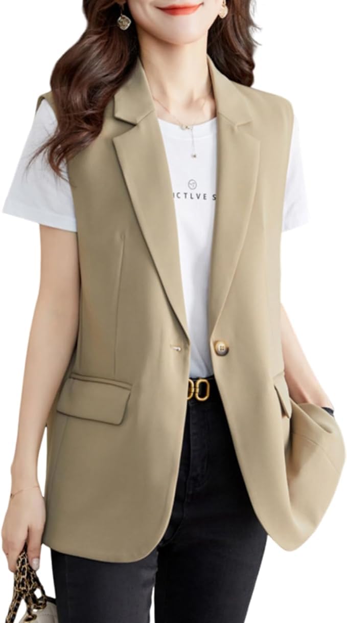 【送料無料】[HuuMeNEIDOO] ベスト レディース ジレ 袖なし トップス ノースリーブ ロングジレ 裏地付き Vネック 無地 テーラードジレベスト 前開き ポケット付き アウター 着痩せ 重ね着 通勤 OL 春 夏 秋 色：キャメル、サイズ：XL