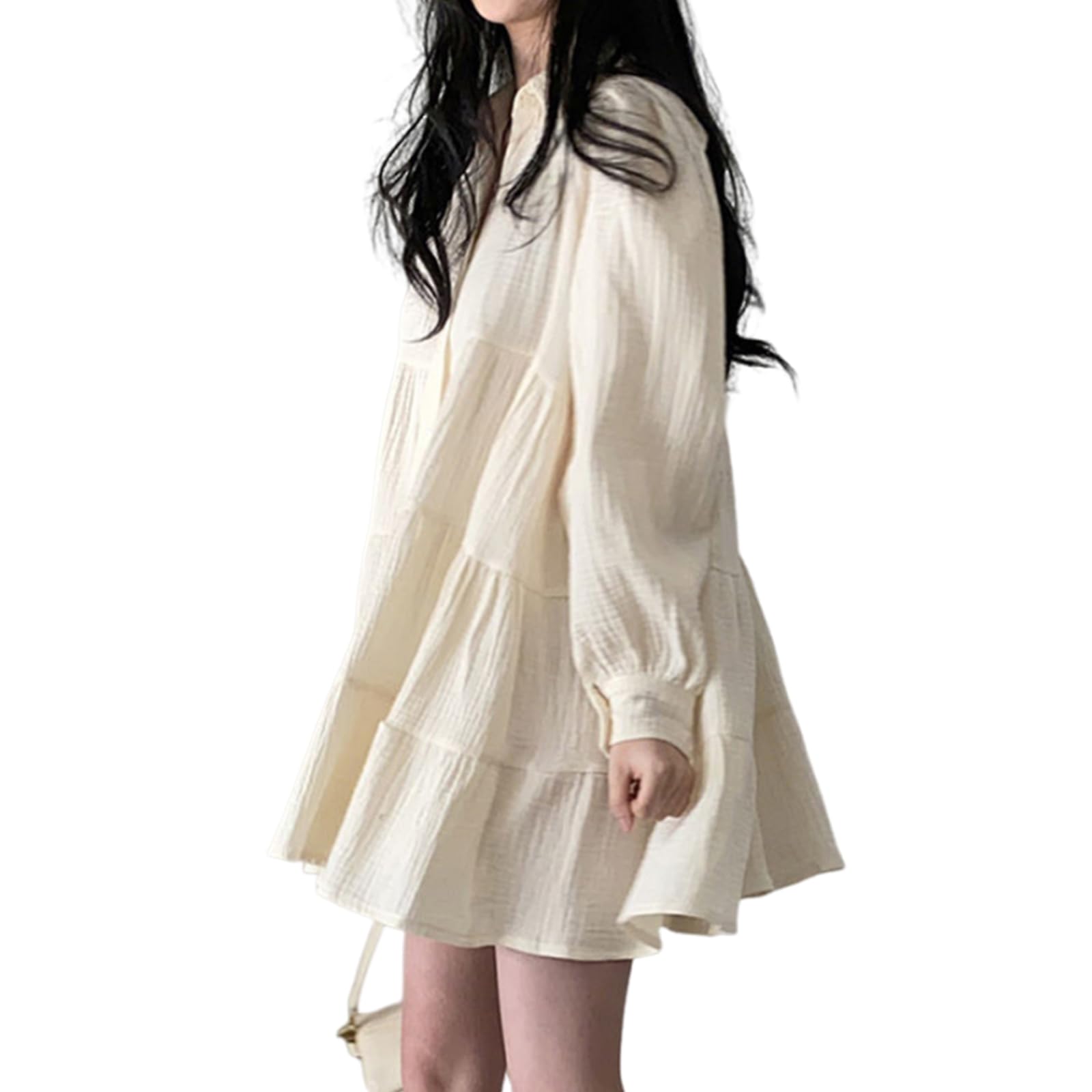 【送料無料】[HuuMeNEIDOO] ワンピース レディース ミニ丈 襟付き シャツワンピース 長袖 パフスリーブ 前開き ショート ティアード 無地 大きいサイズ 薄手 韓国ファッション 普段着 通勤 春 秋 色：アプリコット、サイズ：L