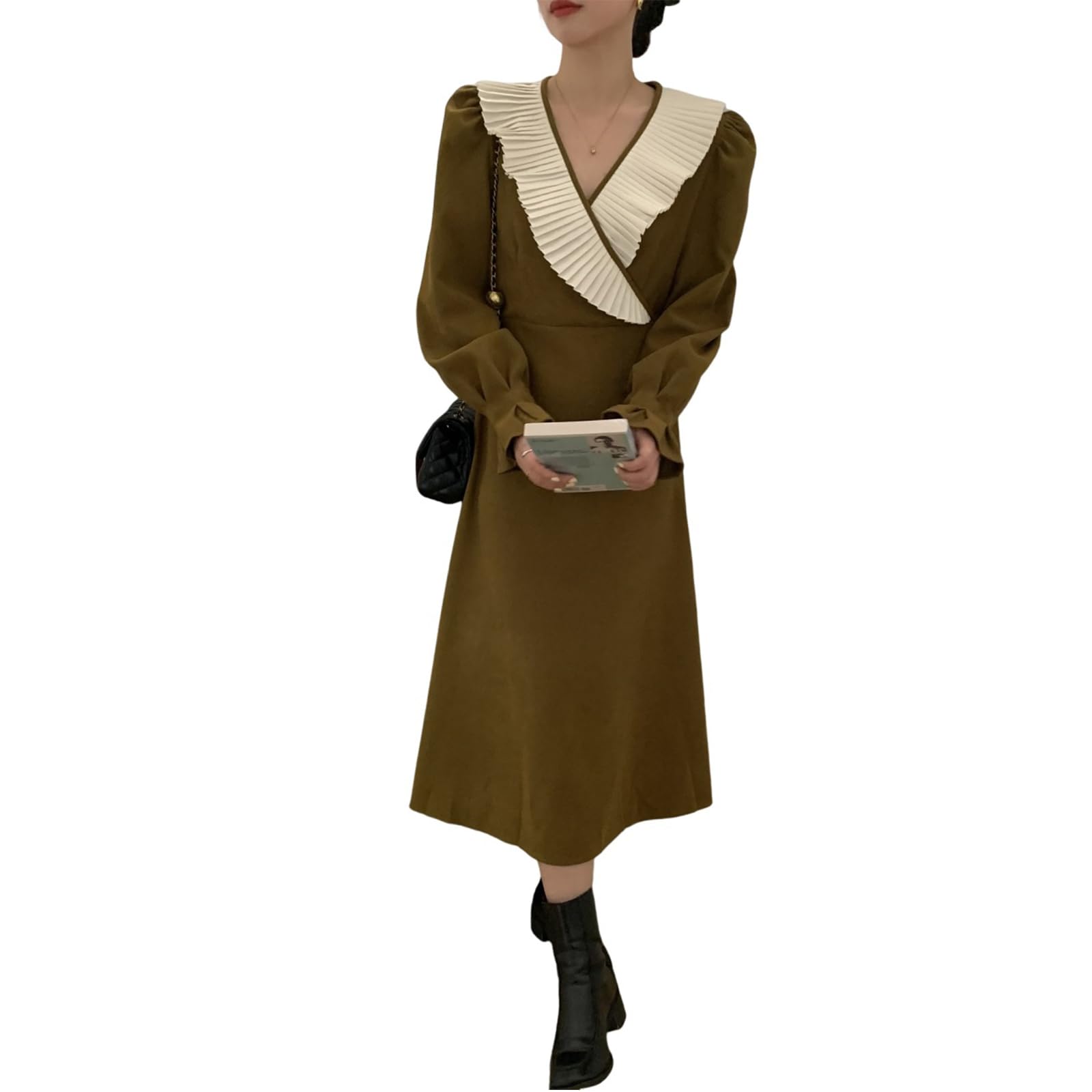 【送料無料】[HuuMeNEIDOO] ワンピース レディース 長袖 ロングワンピース パフスリーブ aライン ハイウエスト フリル vネック 体型カバー 膝下 おしゃれ 着痩せ 可愛い 上品 春 秋 冬 色：キャメル、サイズ：Free Size