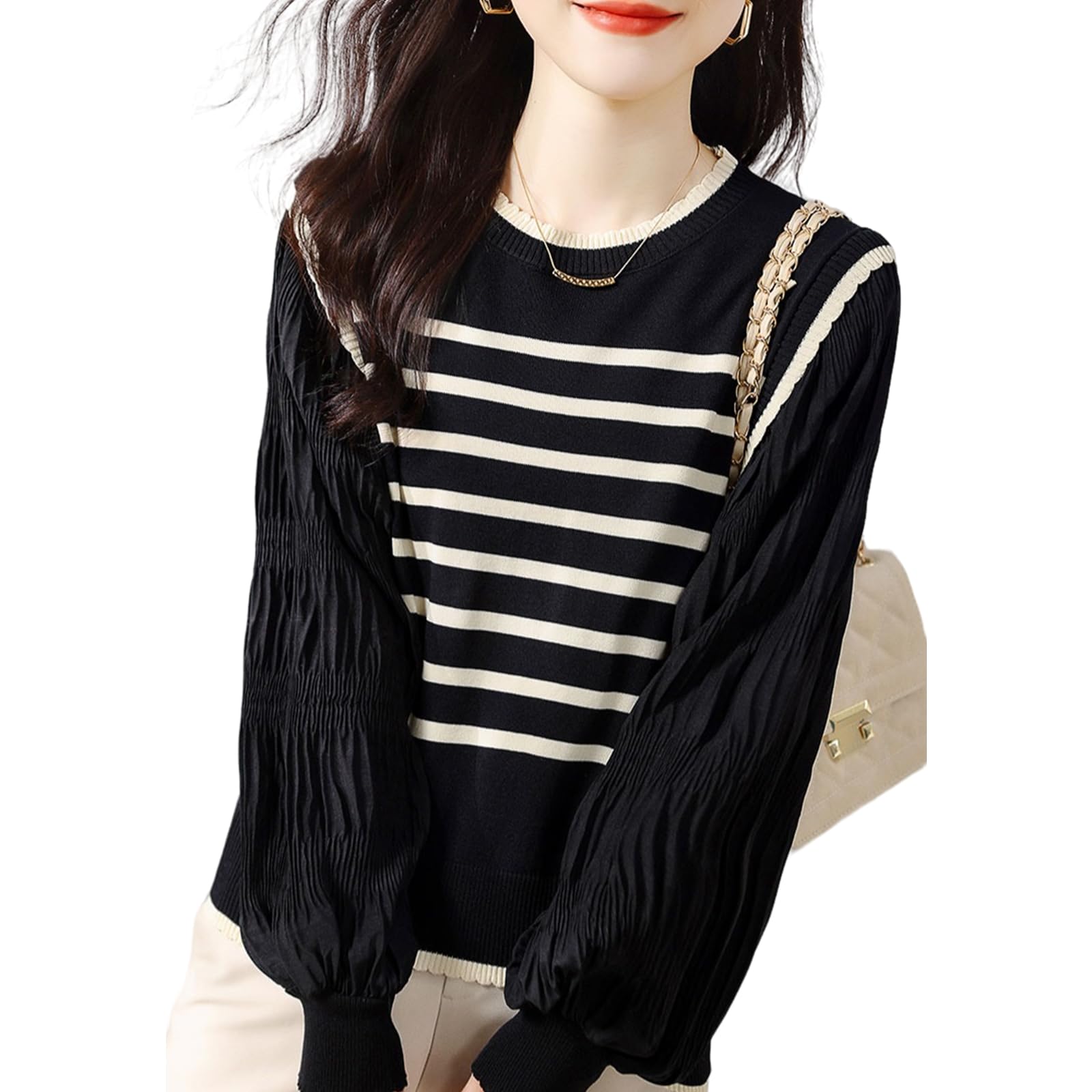 【送料無料】[HuuMeNEIDOO] セーター レディース ボーダーニット 切り替え 異素材 カットソー 丸首 長袖 トップス 薄手 プルオーバー おしゃれ パフスリーブ ゆったり 体型カバー ファッション 通勤 普段着 春 秋 冬 色：ブラック、サイズ：M