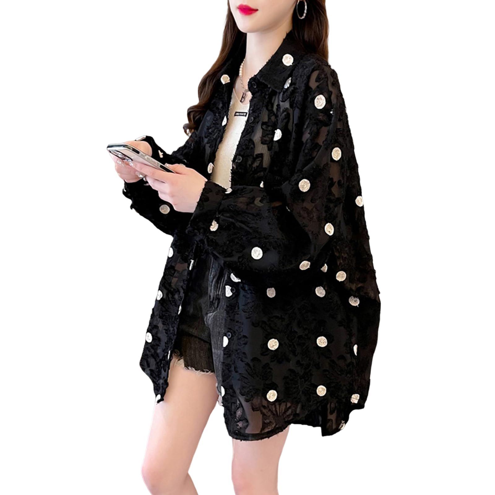 【送料無料】[HuuMeNEIDOO] カーディガン レディース UVカット ドット 水玉柄 襟付き 長袖 シャツ 薄手..