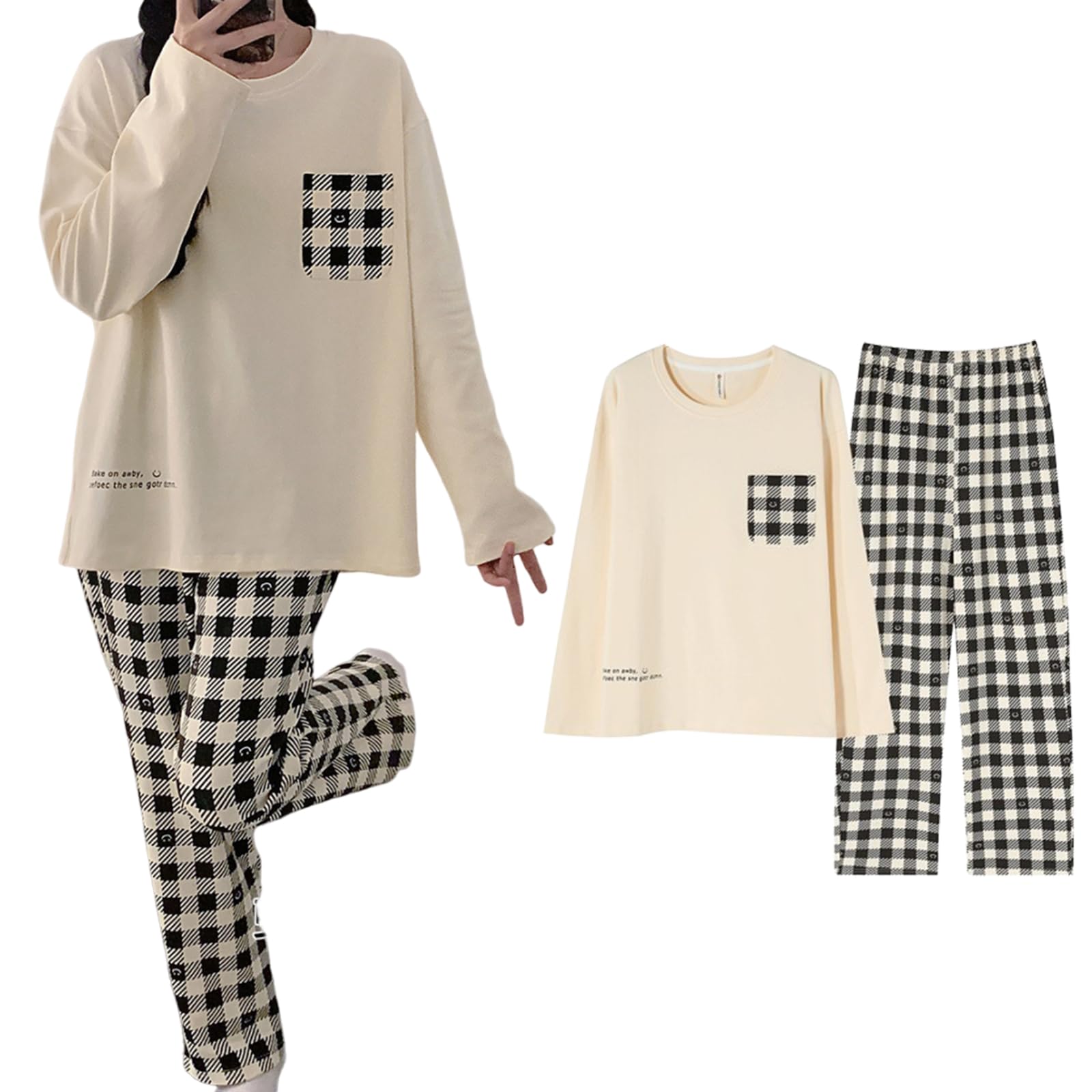 【送料無料】[HuuMeNEIDOO] パジャマ レディース 長袖 ルームウェア 上下セット 2点セット 部屋着 寝巻き クルーネック トップス ウエストマーク パンツ セットアップ 可愛い 柔らか 春 夏 秋 冬 色：チェック、サイズ：XL
