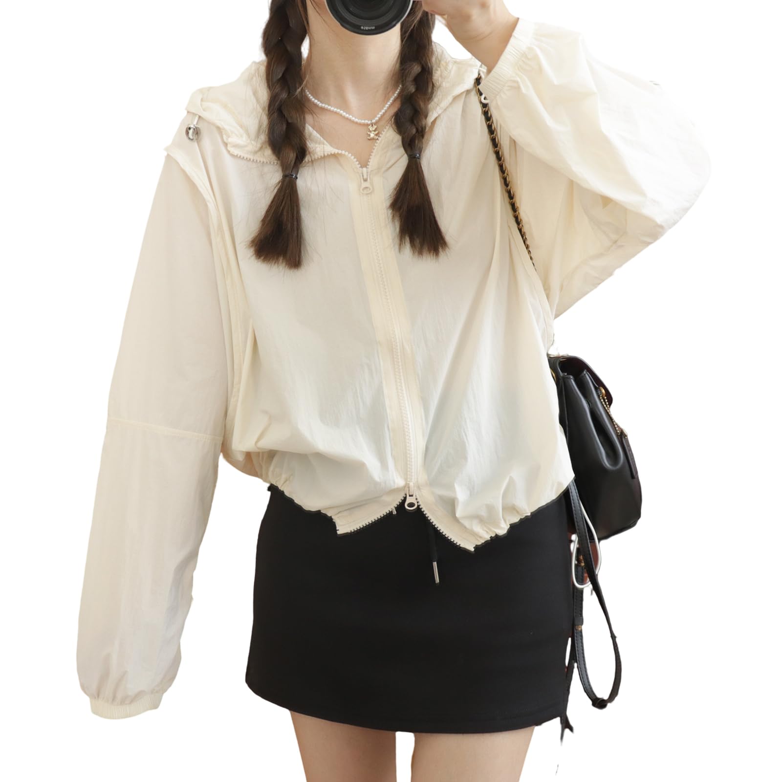 【送料無料】[HuuMeNEIDOO] uvカット パーカー レディース カーディガン 長袖 日焼け止め服 フード付き ドルマンスリーブ トップス 薄手 ゆったり 体型カバー 無地 透け感 UV対策 紫外線対策 通勤 日常 春 夏 秋 色：アプリコット、サイズ：Free Size