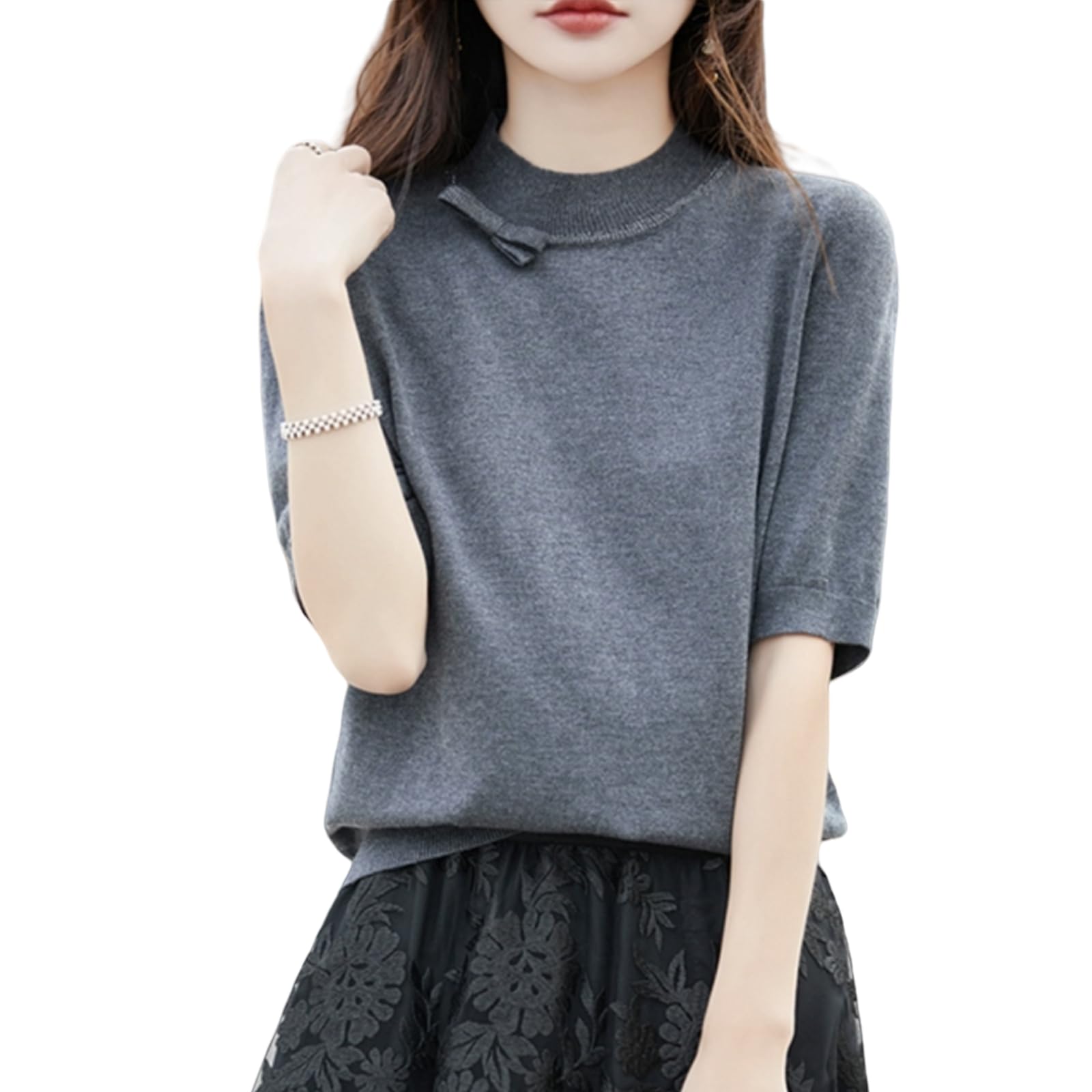 【送料無料】[HuuMeNEIDOO] サマーニット レディース 半袖 カットソー ハイネック トップス 無地 セー..