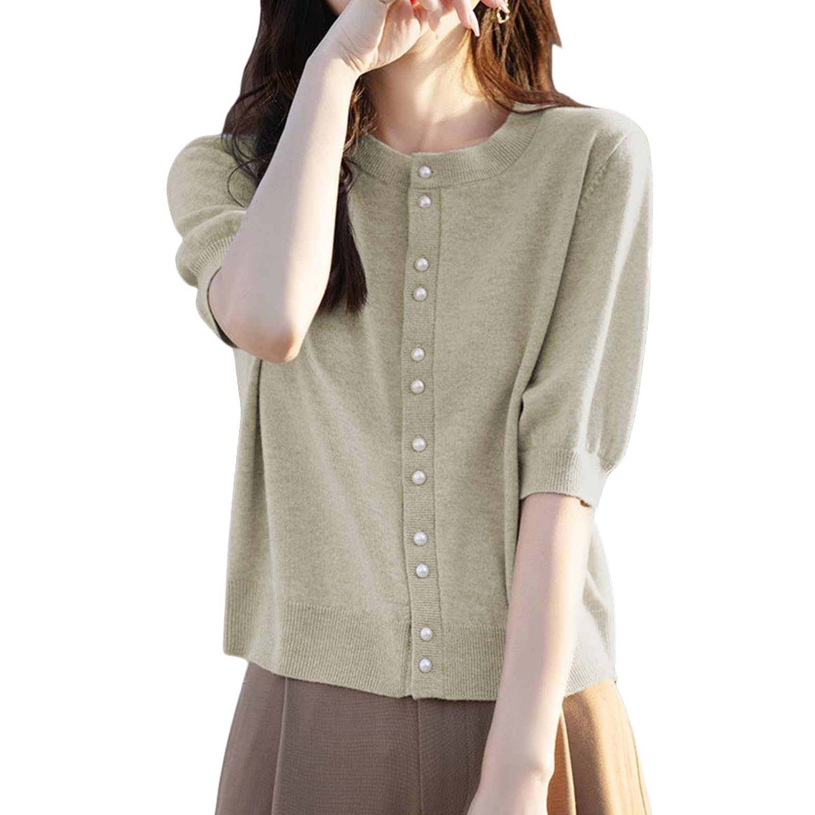 【送料無料】[HuuMeNEIDOO] カーディガン レディース 半袖 サマーニット パール アウター 丸首 トップ..