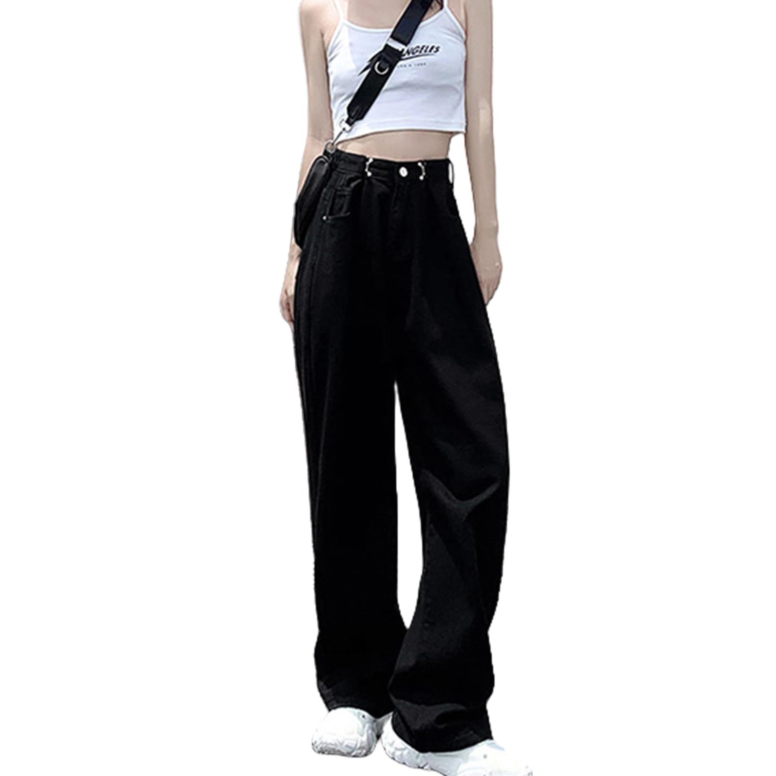 【送料無料】[HuuMeNEIDOO] デニム ワイドパンツ レディース ジーンズ ロングパンツ ハイウエスト ストレートパンツ ゆったり 体型カバー ボトムス カジュアル おしゃれ 無地 美脚 普段着 通勤 春 夏 色：ブラック、サイズ：L