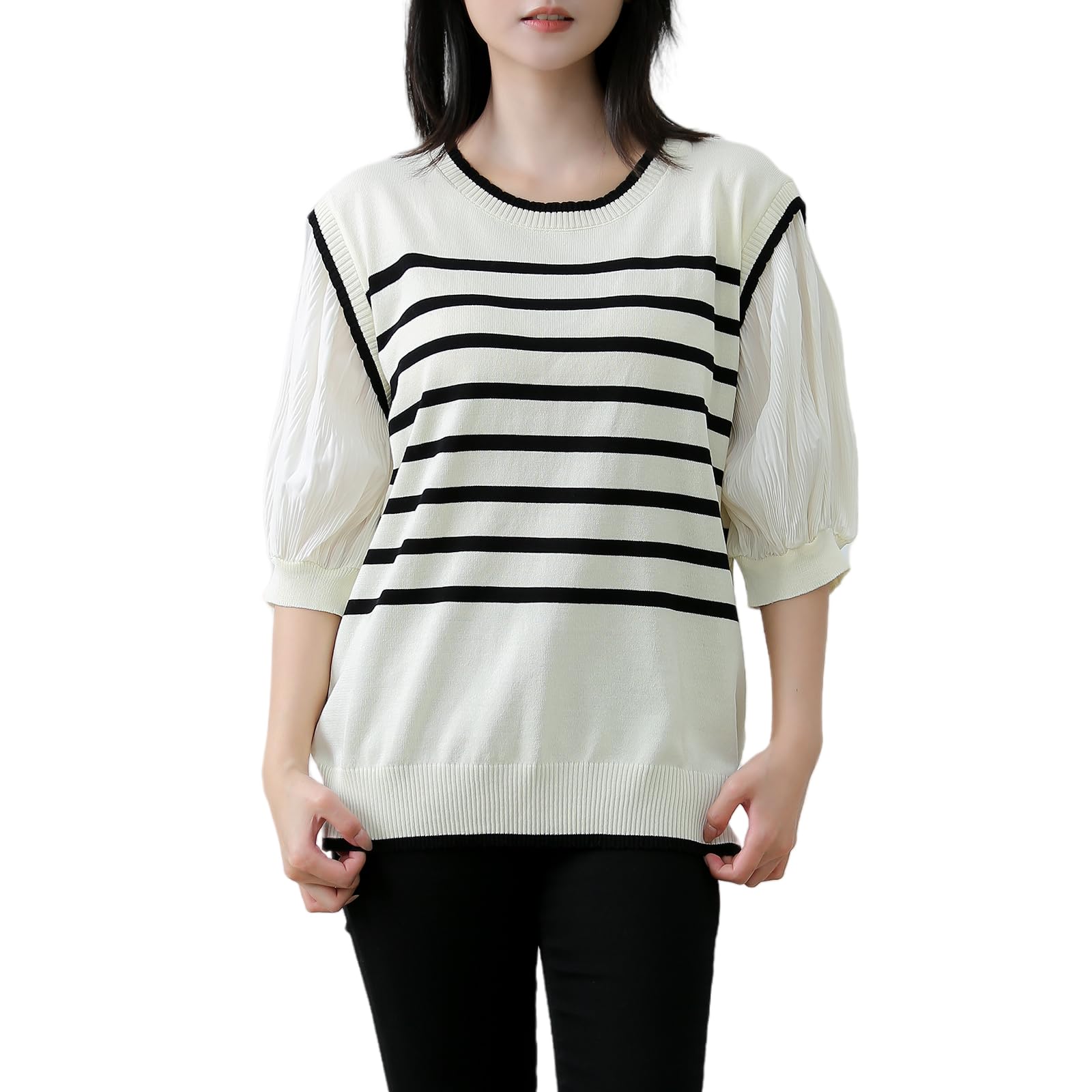 【送料無料】[HuuMeNEIDOO] サマーニット レディース 半袖 セーター 切り替え トップス ボーダー カットソー 丸首 Tシャツ パフスリーブ 上品 ゆったり 体型カバー 薄手 通勤 普段着 春 夏 色：ベージュ、サイズ：Free Size