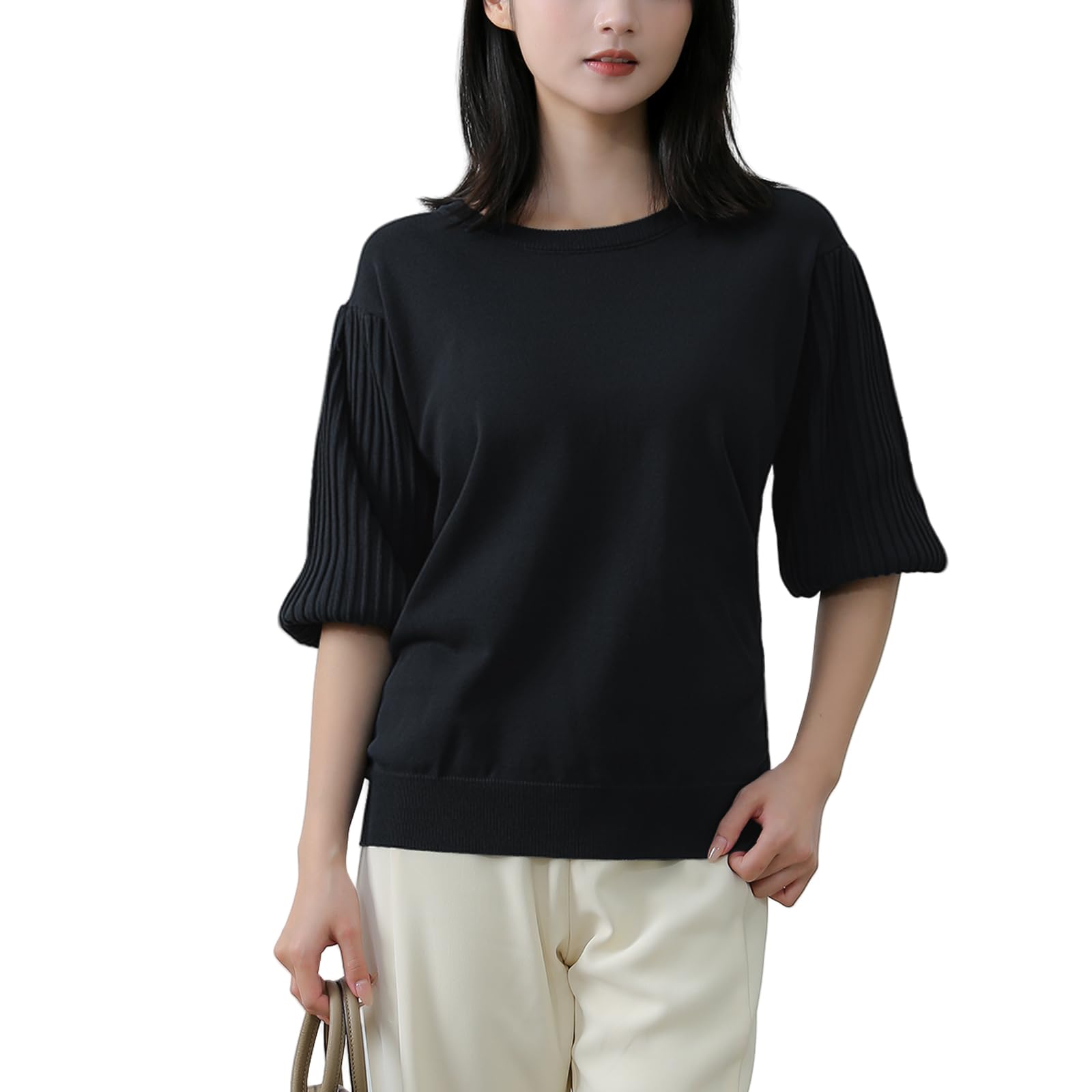 【送料無料】[HuuMeNEIDOO] サマーニット レディース 半袖 セーター パフスリーブ トップス 無地 リブニット Tシャツ 丸首 カットソー 二の腕 ゆったり 体型カバー 薄手 通勤 普段着 春 夏 色：ブラック、サイズ：Free Size