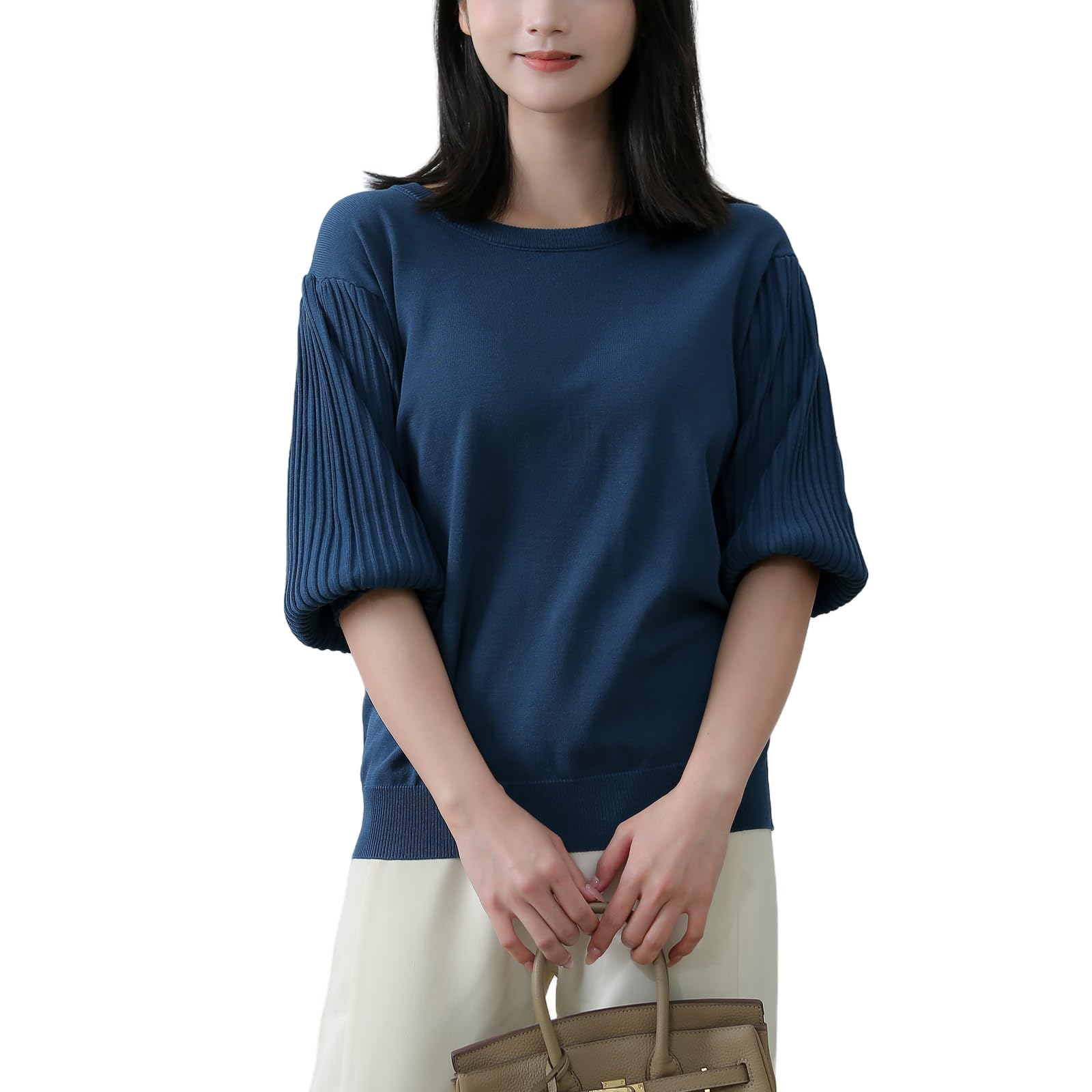 【送料無料】[HuuMeNEIDOO] サマーニット レディース 半袖 セーター パフスリーブ トップス 無地 リブニット Tシャツ 丸首 カットソー 二の腕 ゆったり 体型カバー 薄手 通勤 普段着 春 夏 色：ブルー、サイズ：Free Size