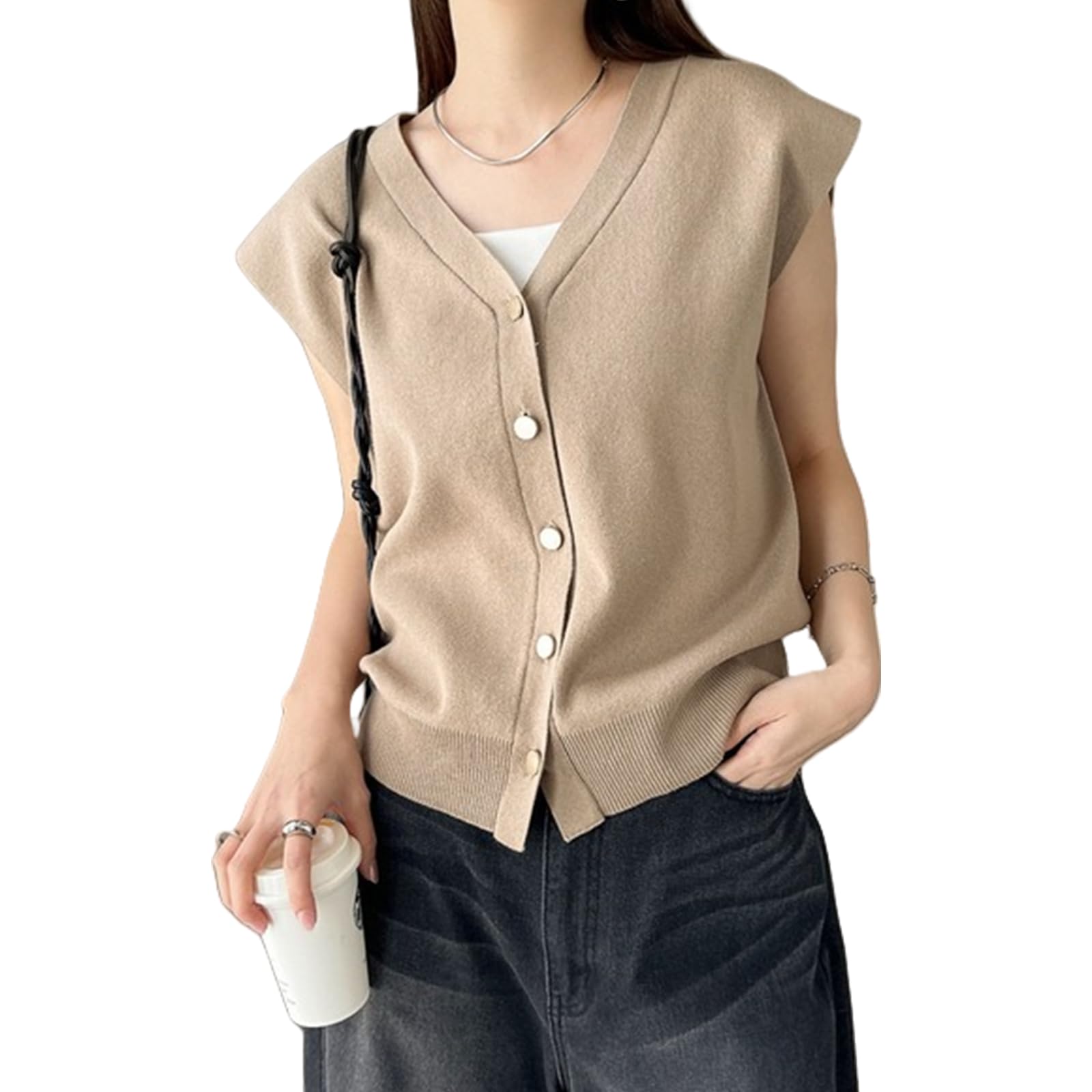 【送料無料】[HuuMeNEIDOO] サマーベスト レディース ジレ ニット Vネック サマーセーター ノースリーブ トップス ゆったり 体型カバー 前開き 無地 薄手 通勤 普段着 春 夏 色：キャメル、サイズ：Free Size