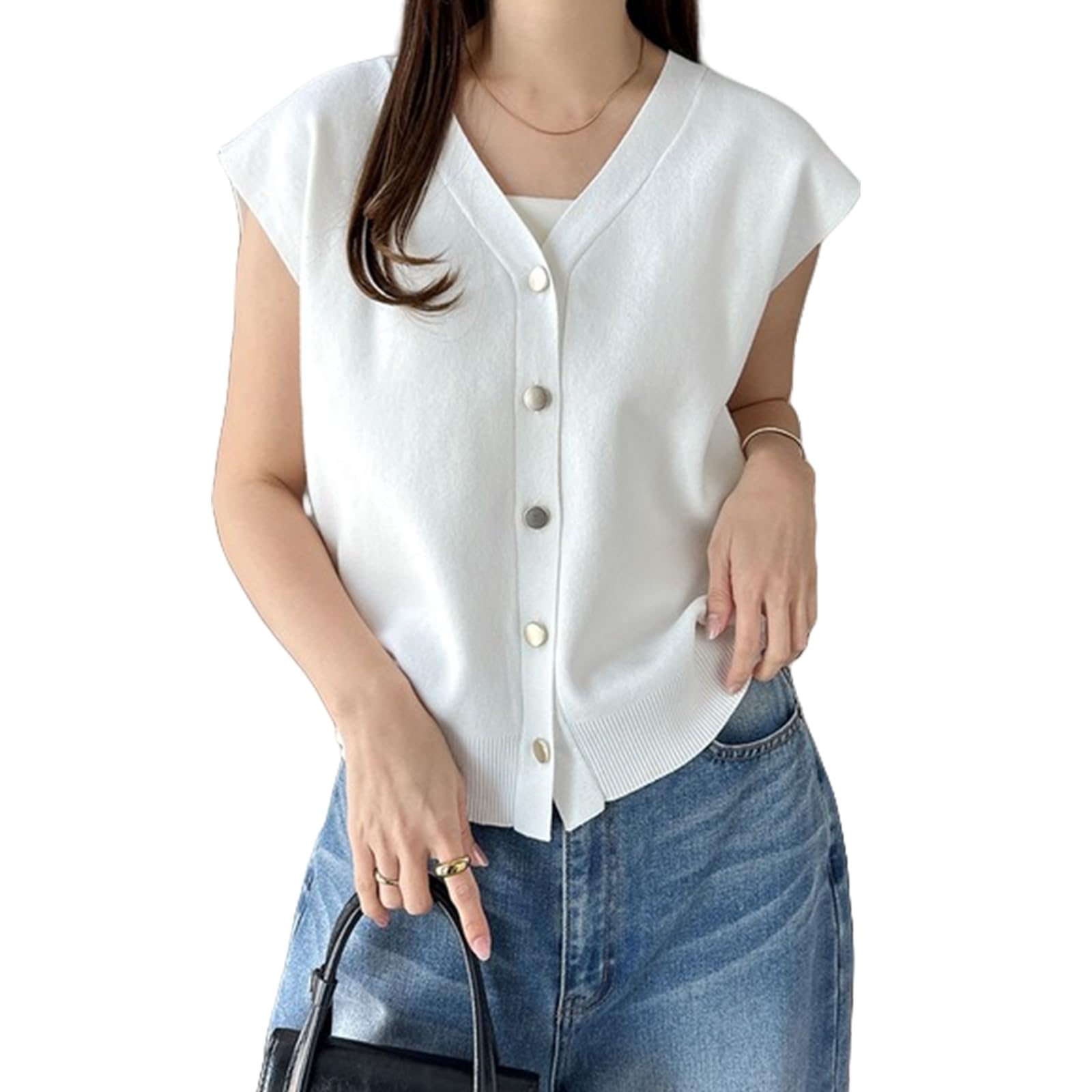 【送料無料】[HuuMeNEIDOO] サマーベスト レディース ジレ ニット Vネック サマーセーター ノースリーブ トップス ゆったり 体型カバー 前開き 無地 薄手 通勤 普段着 春 夏 色：ホワイト、サイズ：Free Size