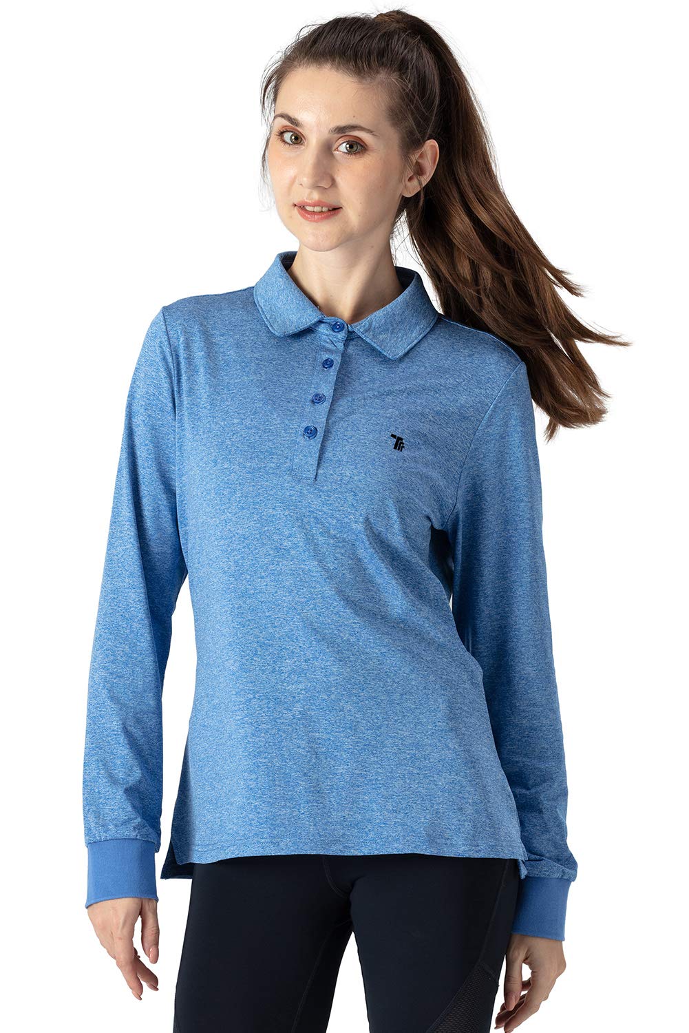 【送料無料】[Gopune] レディース ポロシャツ 長袖 カットソー ロングシャツ ビズポロ 吸汗速乾 通気 UVカット スボーツ カジュアル ゴルフウェア 襟付き 15色選択可 色：ブルー、サイズ：M