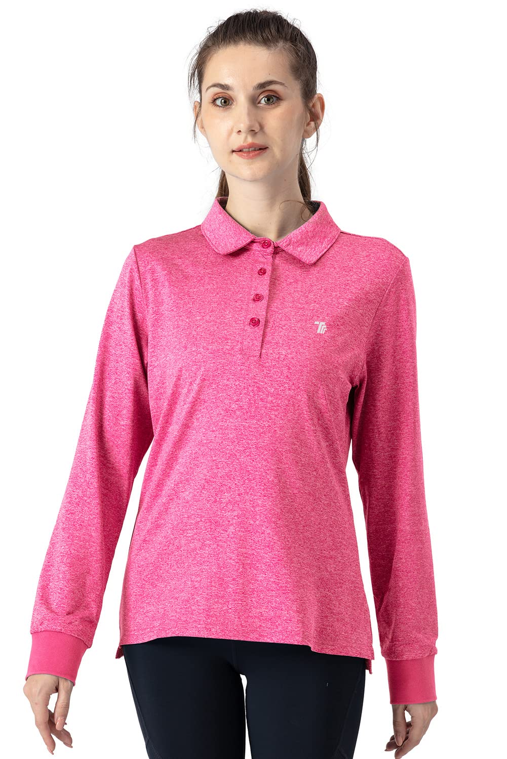 【送料無料】[Gopune] レディース ポロシャツ 長袖 カットソー ロングシャツ ビズポロ 吸汗速乾 通気 UVカット スボーツ カジュアル ゴルフウェア 襟付き 15色選択可 色：ピンク、サイズ：L