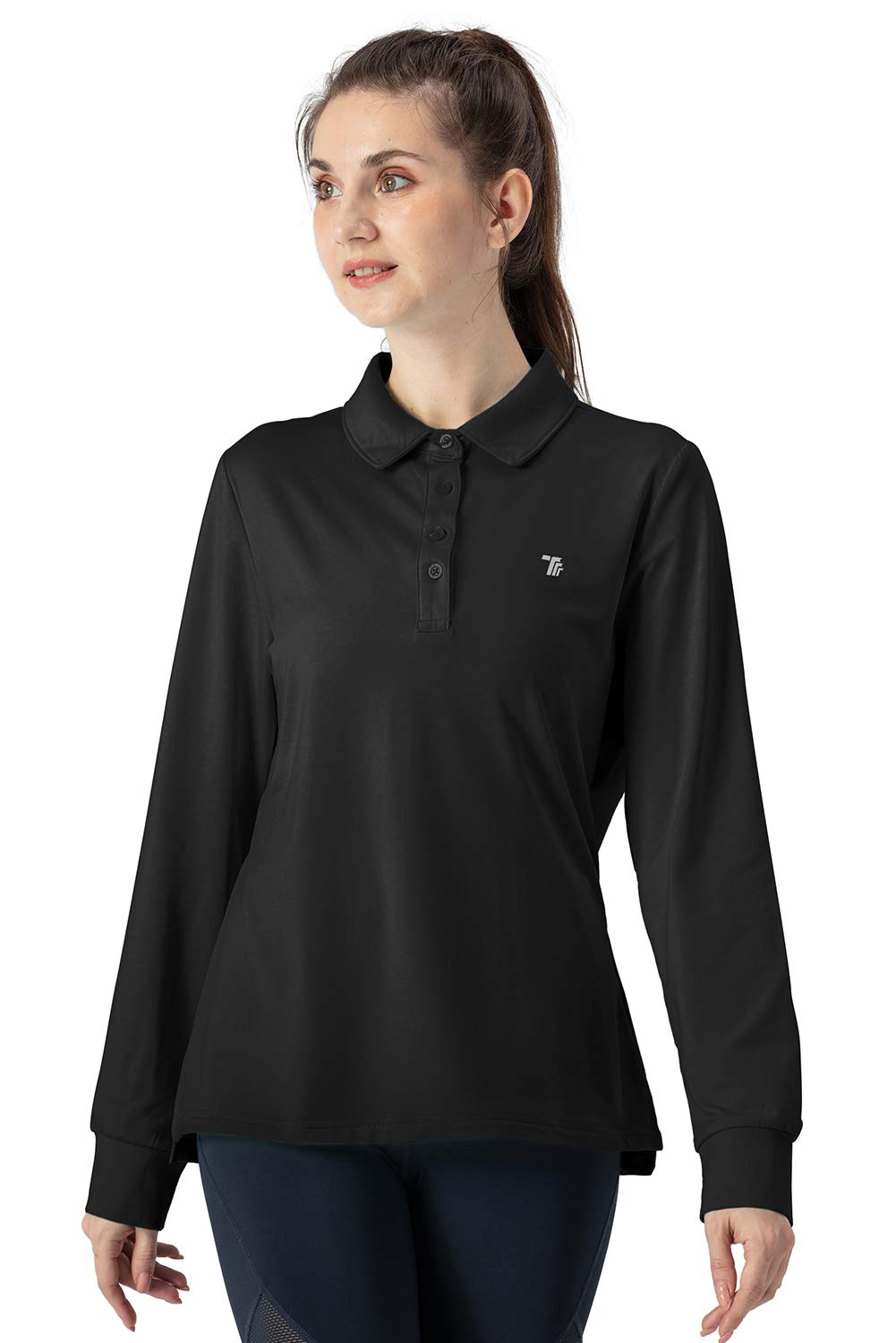 【送料無料】[Gopune] レディース ポロシャツ 長袖 カットソー ロングシャツ ビズポロ 吸汗速乾 通気 UVカット スボーツ カジュアル ゴルフウェア 襟付き 15色選択可 色：ブラック、サイズ：2XL