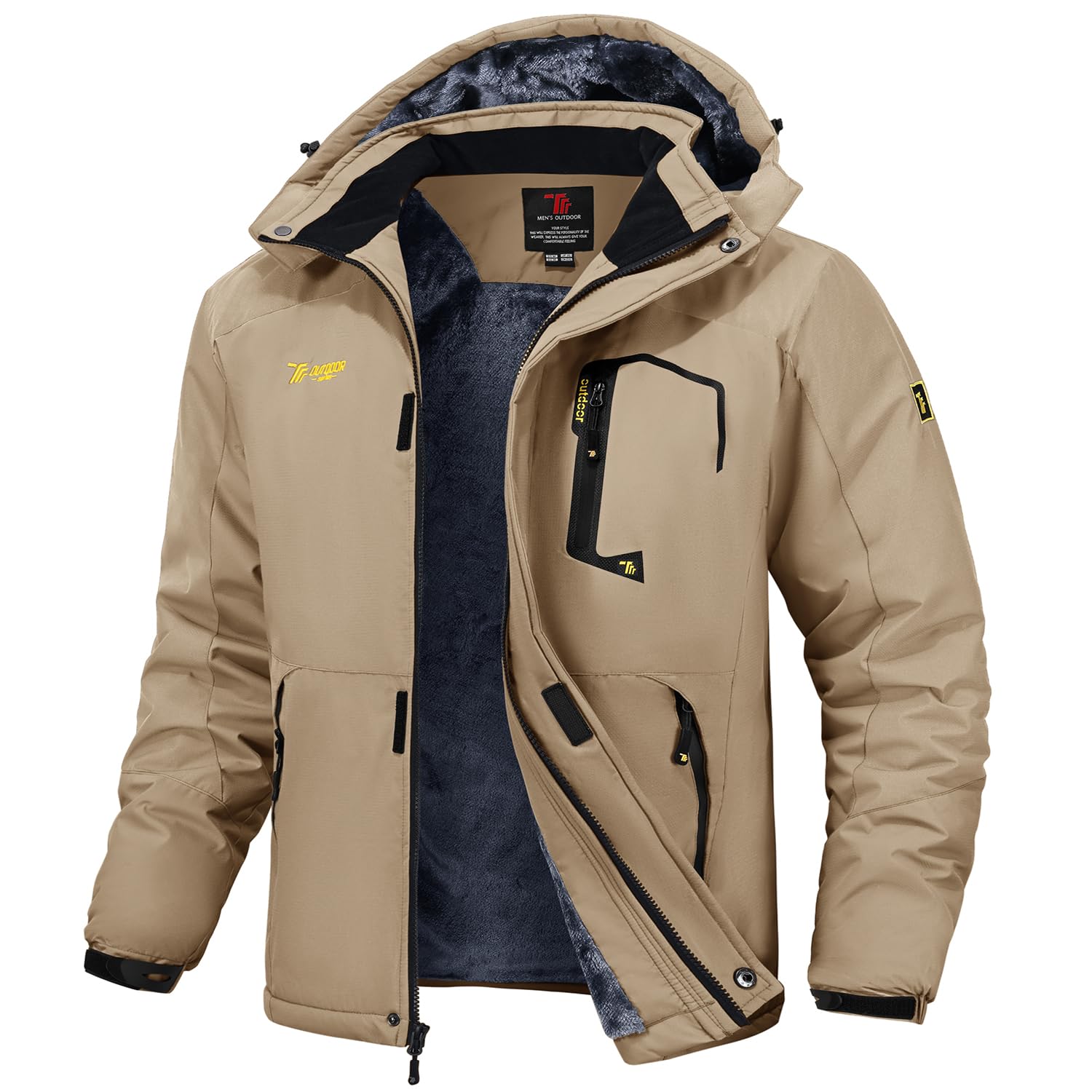 【送料無料】[Gopune] メンズ アウトドア ジャケット 裏ボア ハイキングウェア 多機能登山服 ジョギング アウター スキーウェア 防水 ジャンパー 防風 防寒 ウィンドシェルジャケット 秋冬用 色：カーキ、サイズ：2XL