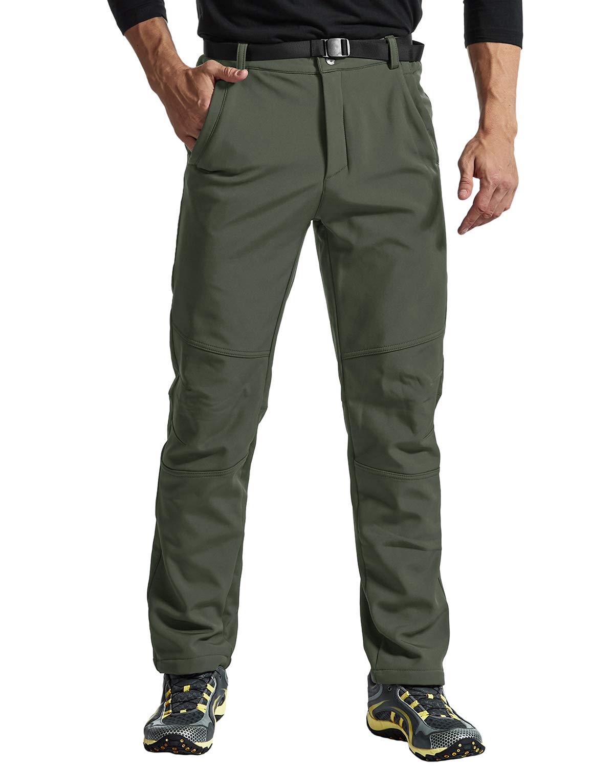 【送料無料】[Gopune] メンズ アウトドア 登山パンツ 防寒 防風 裏フリース 立体裁断 裏起毛 秋冬 ソフトシェルパンツ トレッキングウェア 長ズボン スポーツウェア お釣り バイク 無地 色：グリーン、サイズ：L(4)