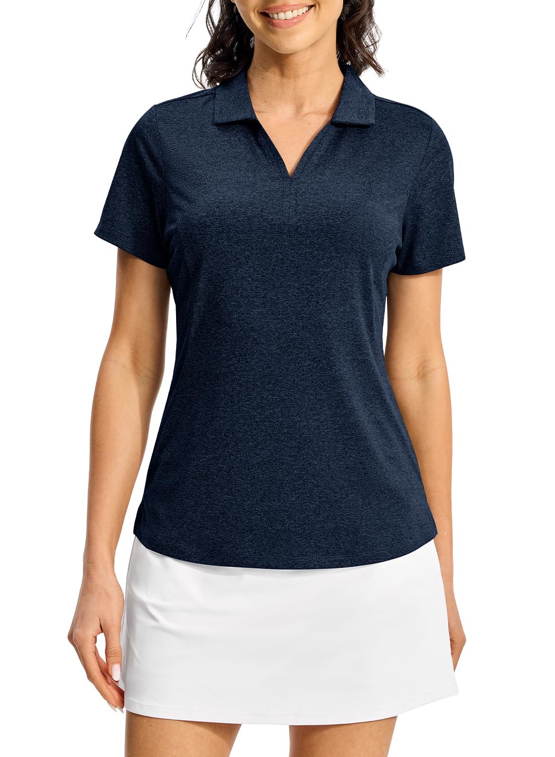 【送料無料】[Gopune] ポロシャツ レディース 半袖 速乾 トレーニングウェア 通気性 Vネックシャツ 襟付き UPF50+ テニスウェア スポーツ 仕事用 色：ネイビー、サイズ：XL