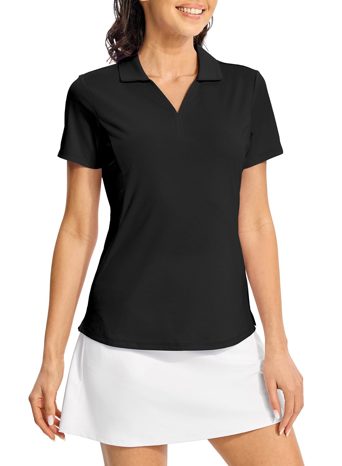 【送料無料】[Gopune] ポロシャツ レディース 半袖 速乾 トレーニングウェア 通気性 Vネックシャツ 襟付き UPF50+ テニスウェア スポーツ 仕事用 色：ブラック、サイズ：XL