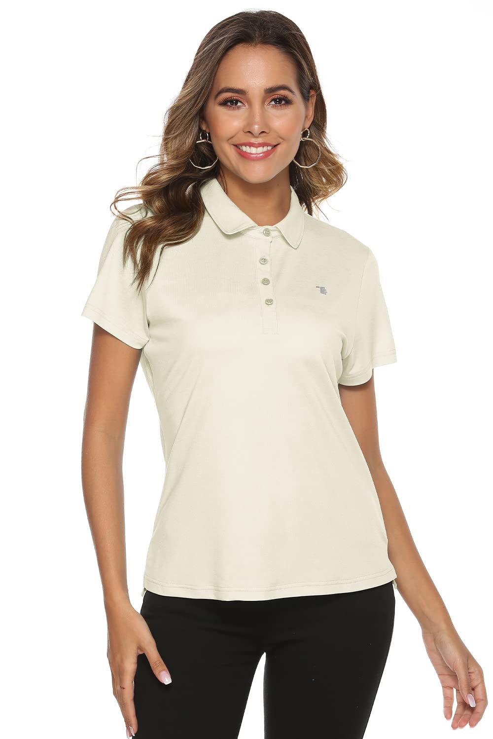 【送料無料】[Gopune] テニスウェア 半袖 レディース スボーツ ポロシャツ ゴルフシャツ カットソー ストレッチ トップス 仕事用 日常着 トレーニングウェア UVカット 色：ベージュ、サイズ：3XL