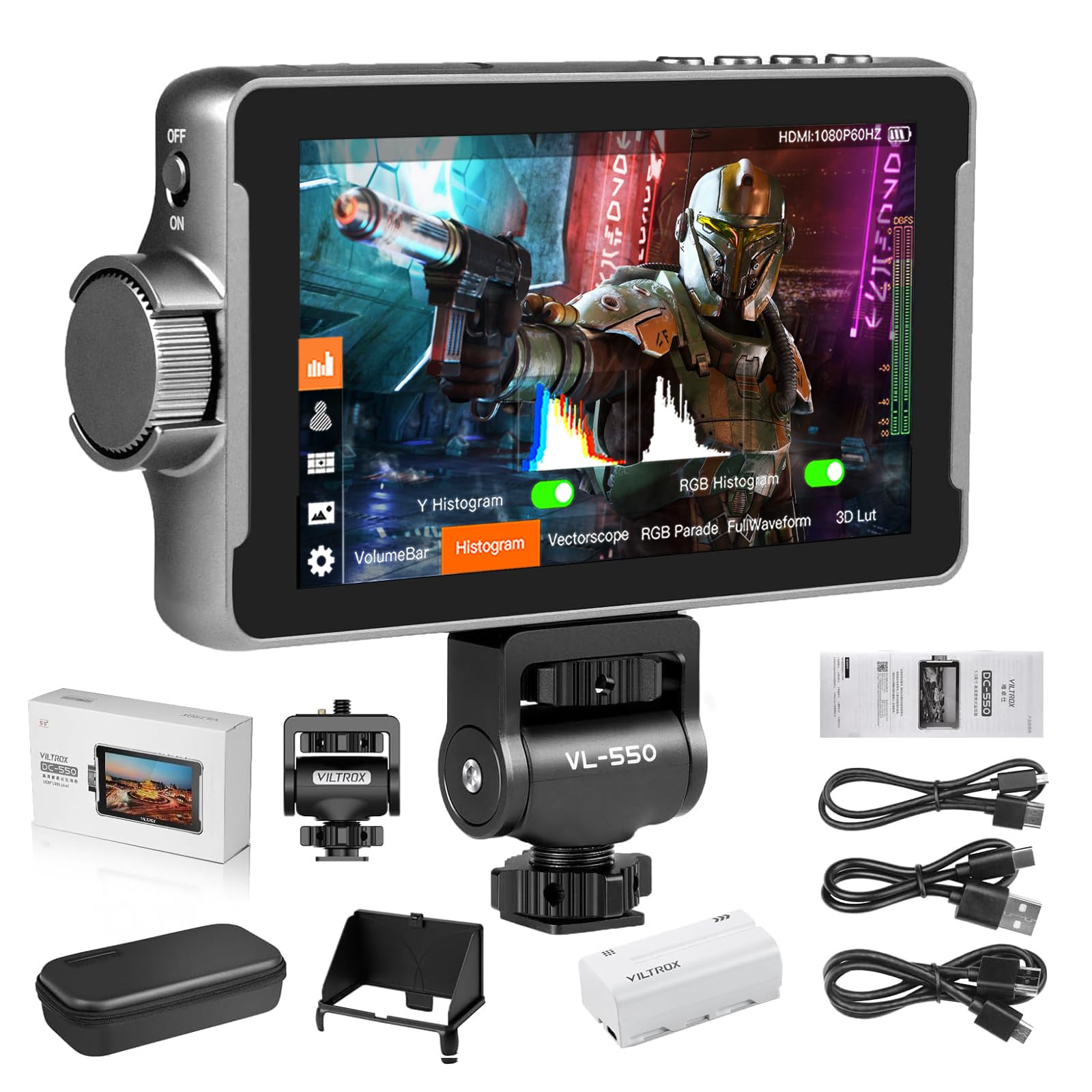 【送料無料】VILTROX DC-550 5.5インチ カメラビデオ モニター タッチ式 フィールドモニター タッチスクリーン 4K HDMI 信号出力/入力 1920x1080 IPS 1200cd/m高輝度 3D LUT 外部用液晶モニター カメラ撮影確認用 DSLRカメラ/ビデオカメラに対応/画像ズー サイズ：DC550