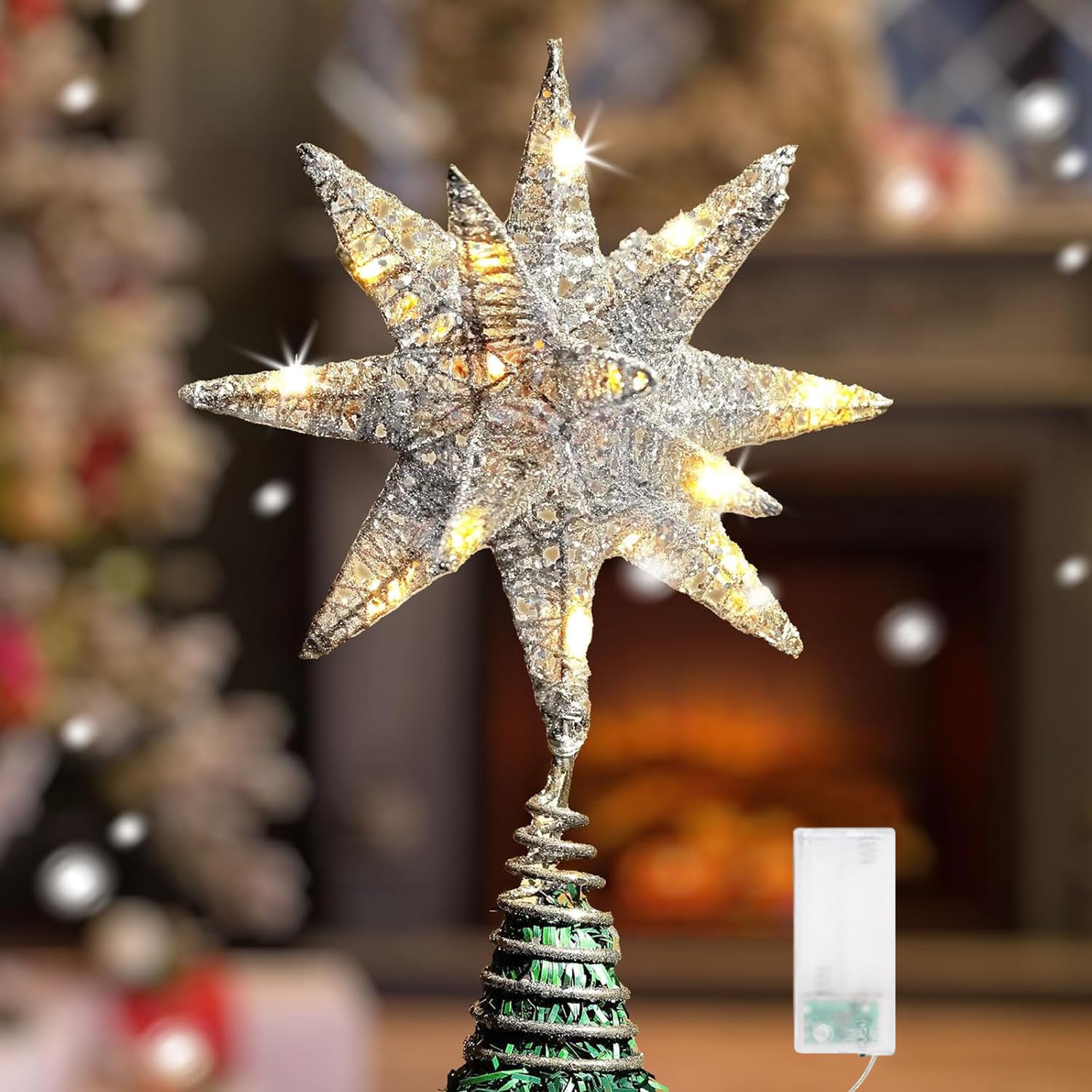 【送料無料】TIKALON クリスマス ツリートップスター LED 電池式 3D 18個の頂角のツリートップスター 錬鉄工芸品 クリスマスツリー用オーナメント 色：シルバー、サイズ：20*20*30CM