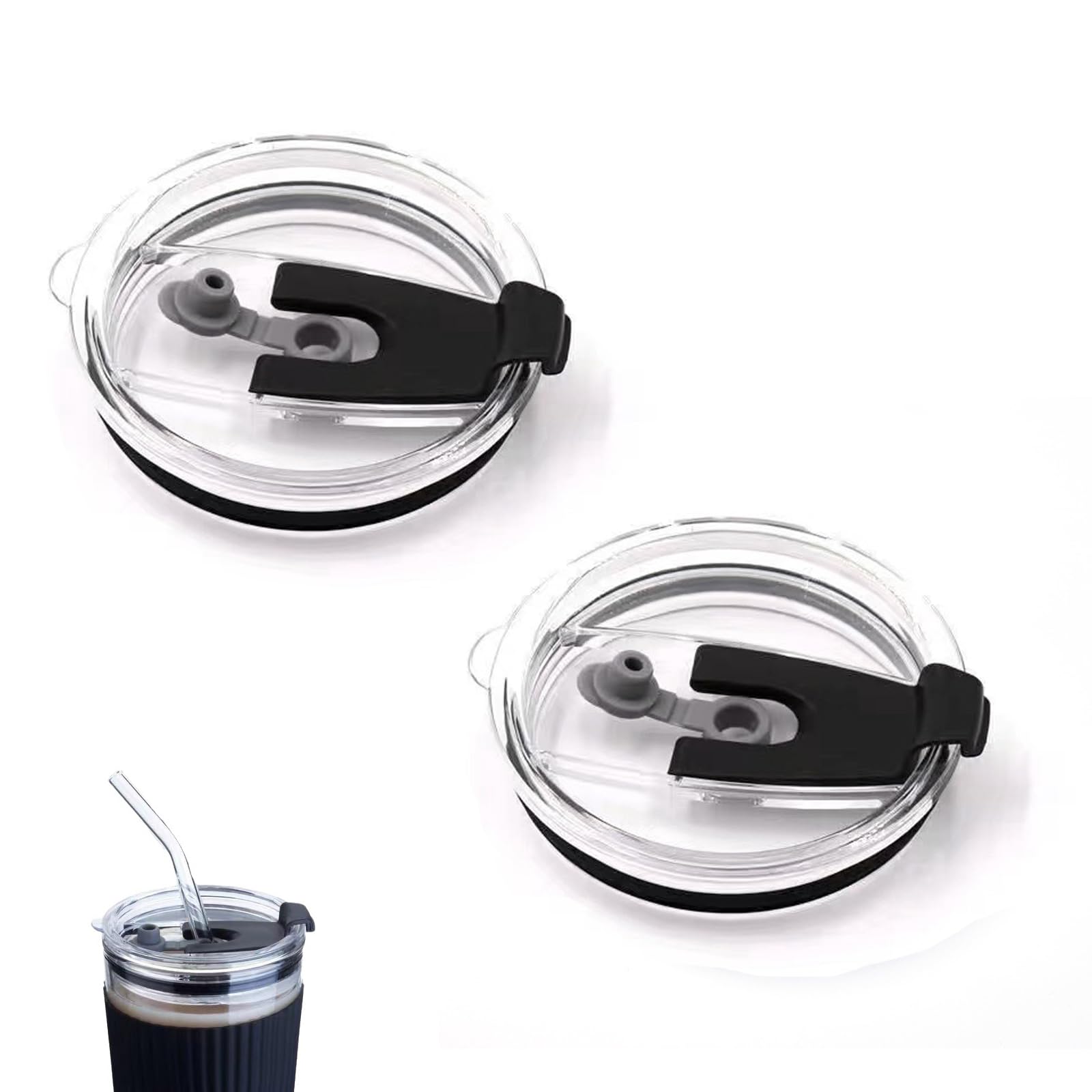 【送料無料】YANYULI タンブラー 蓋 2個入り 20OZ ストロー口付き 透明 密閉性 漏れ防止 持ち歩き マグカップ 色：黒色-20OZ
