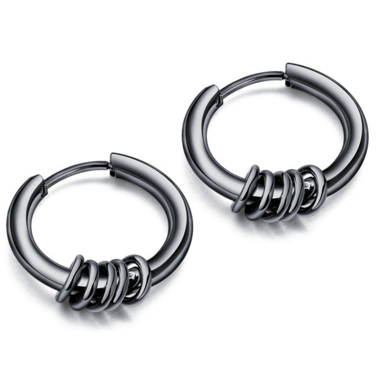 【送料無料】swars ピアス 5連リング メンズ レディース フープ リング 金属アレルギー対応 両耳セット 色：ブラック、サイズ：19mm