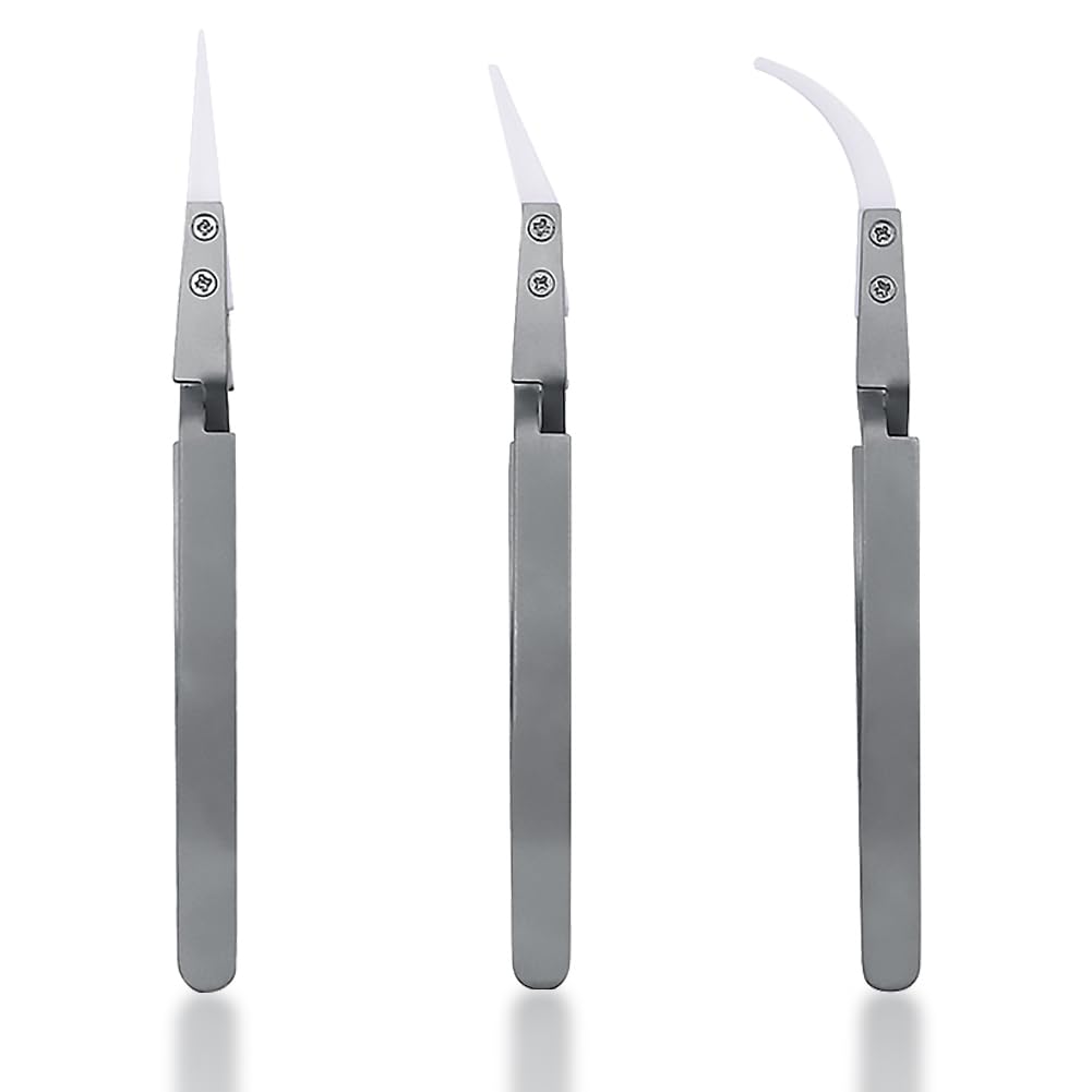 【送料無料】Kigauru 3個セット 精密逆セラミックピンセット ステンレス鋼 耐熱性 非導電性 湾曲ストレ..