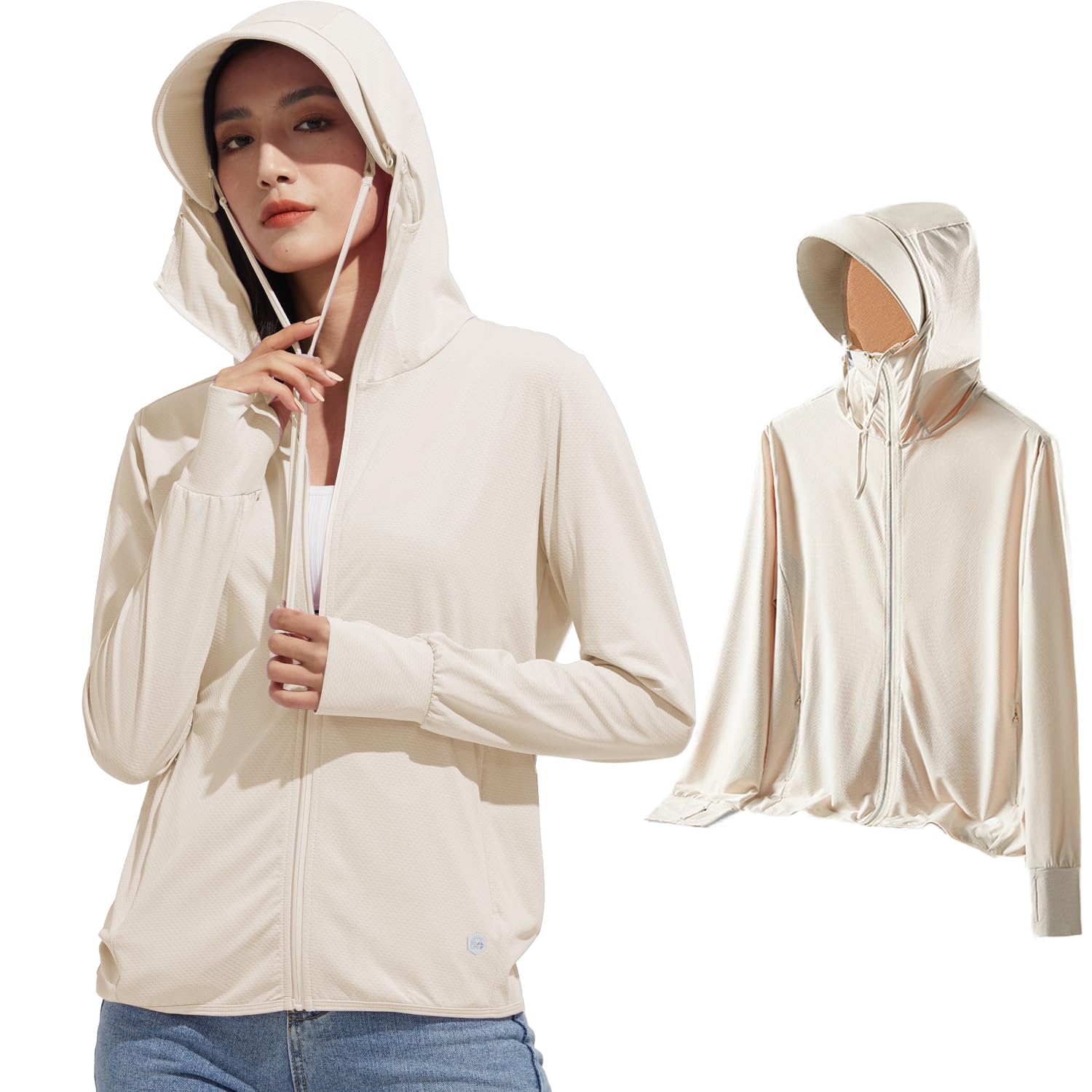 【送料無料】[KANGNAN] ラッシュガード レディース 【UVカット＆UPF50+】薄手 長袖 パーカー 軽量 涼しい 冷感 トップス 日焼け止め 水着 紫外線対策 速乾通気性 海 アウター 無地 おしゃれ 春夏秋用 色：A5-ベージュ、サイズ：XL